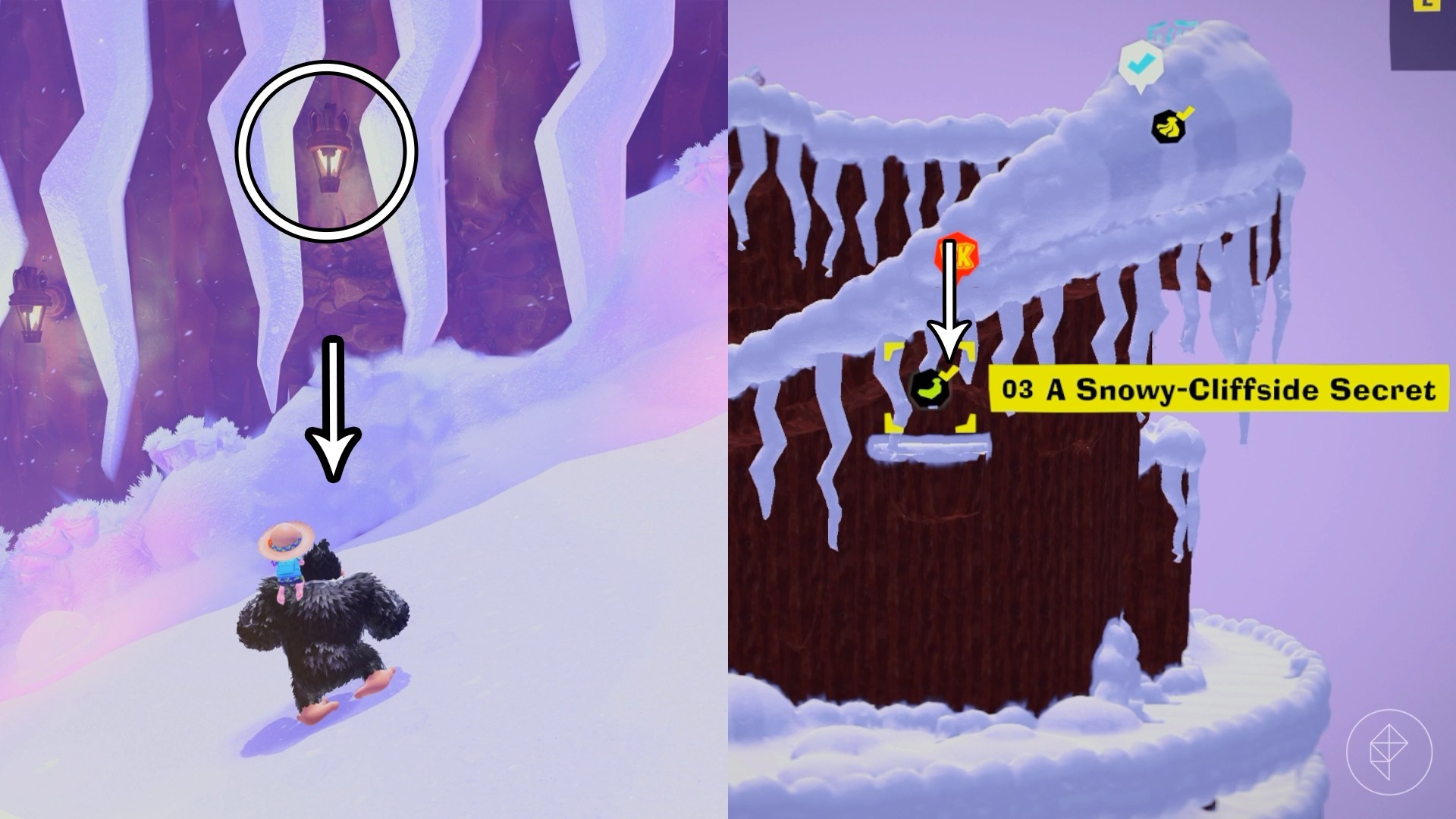 Donkey Kong slides down a snowy cliff while looking for Freezer layer bananas in a split image that shows Freezer banandium gem locations in Donkey Kong Bananza