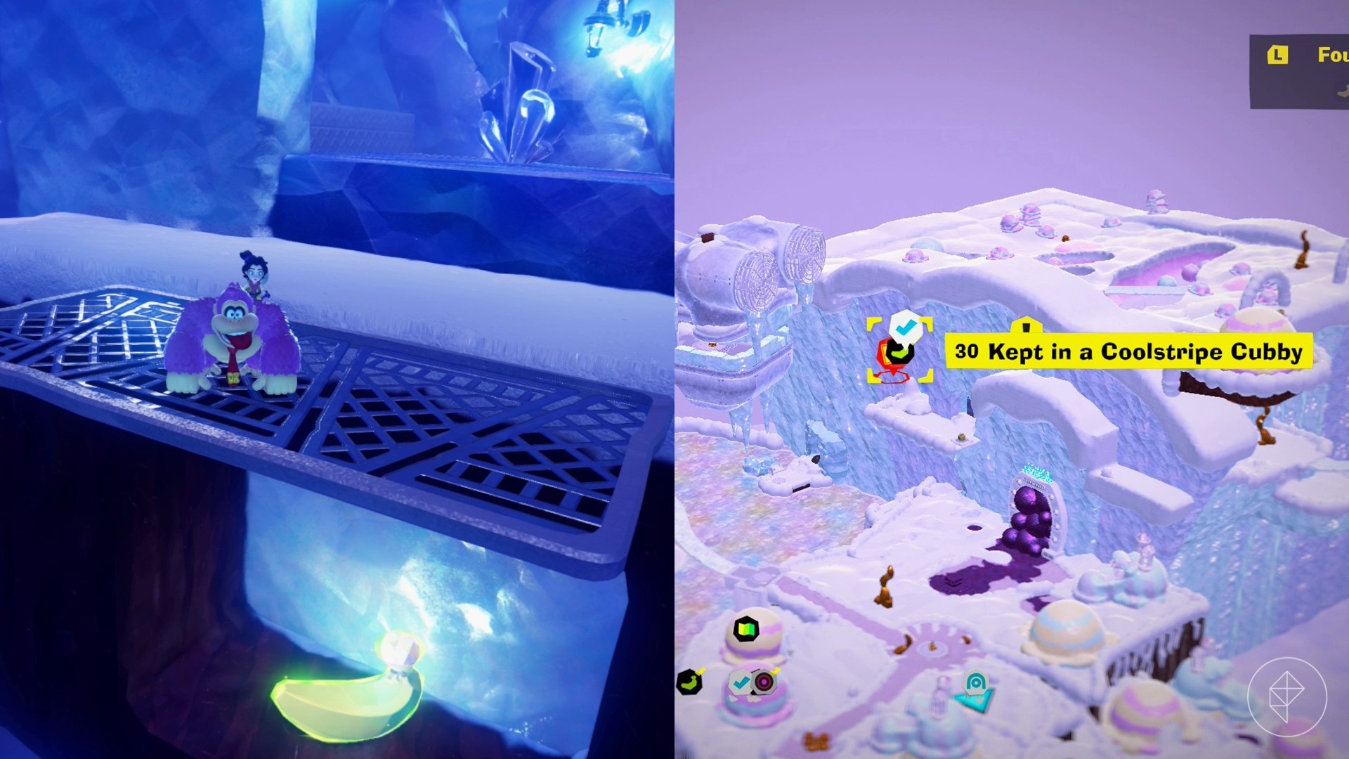 Donkey Kong stands on a metal grate sticking out of a stone cliff while looking for Freezer layer bananas in a split image map that shows Freezer banandium gem locations in Donkey Kong Bananza