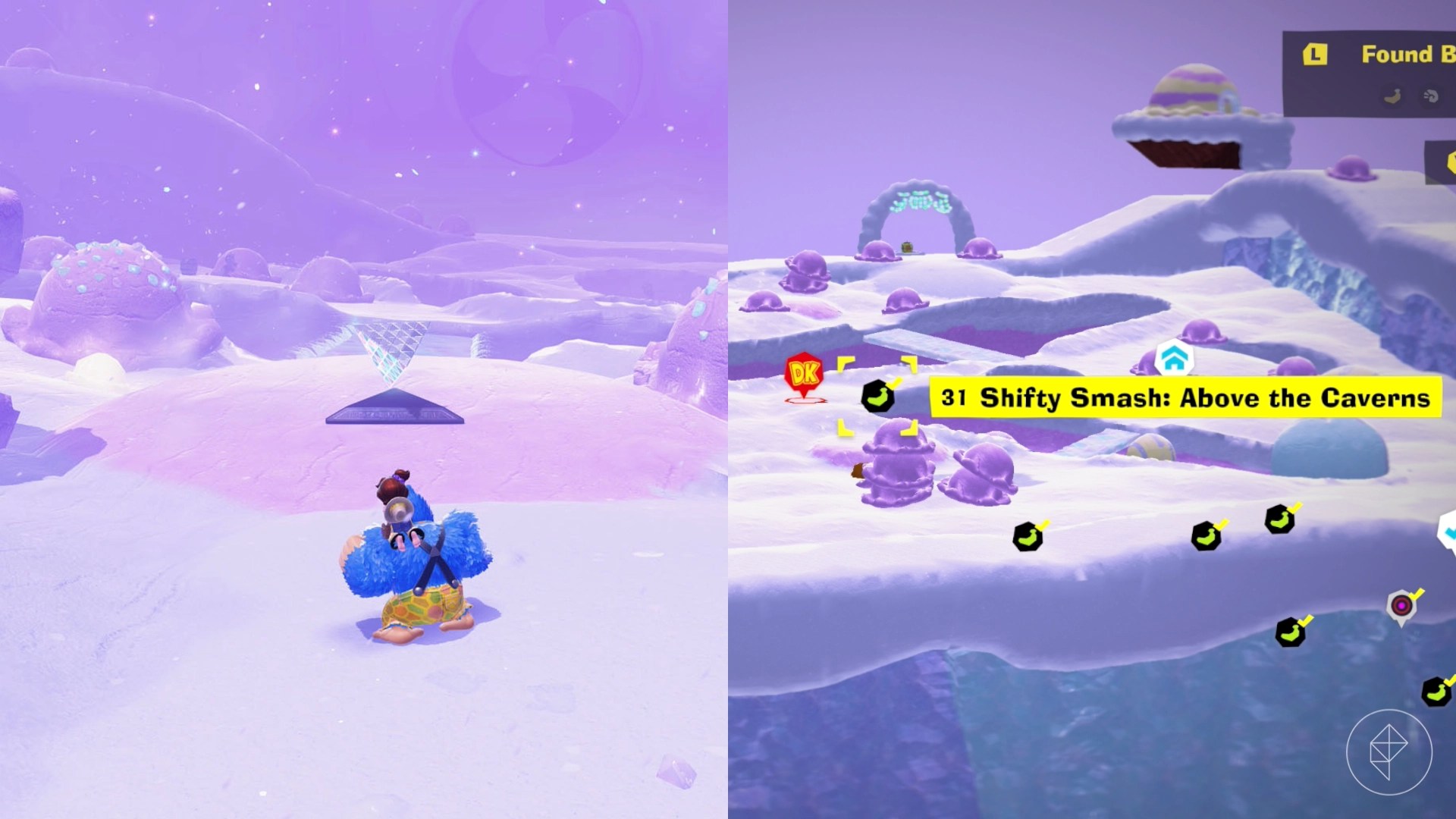 Donkey Kong walks toward a floating silver pyramid while looking for Freezer layer bananas in a split image map that shows Freezer banandium gem locations in Donkey Kong Bananza