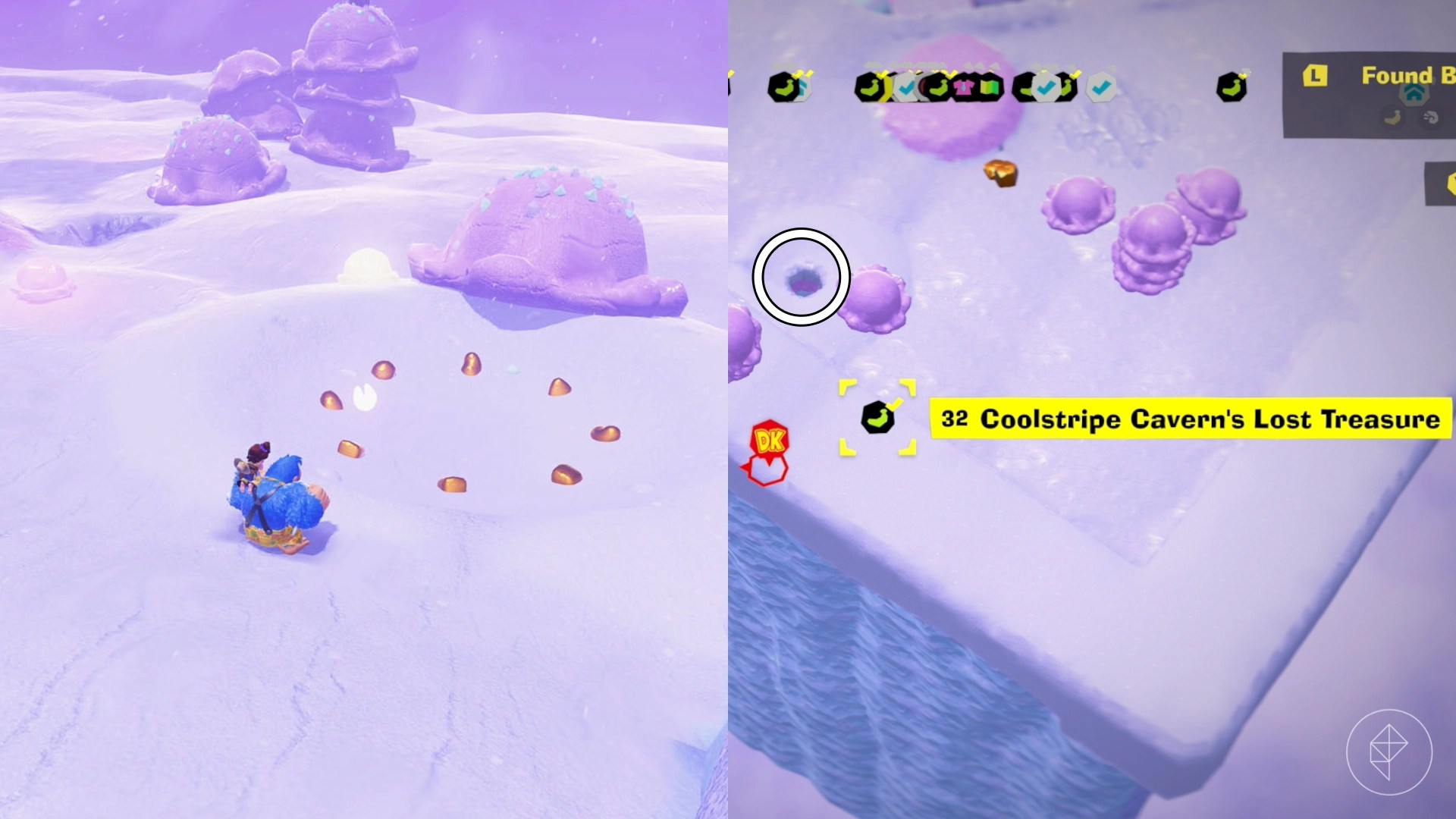 Donkey Kong walks toward a circle of buried gold while looking for Freezer layer bananas in a split image map that shows Freezer banandium gem locations in Donkey Kong Bananza