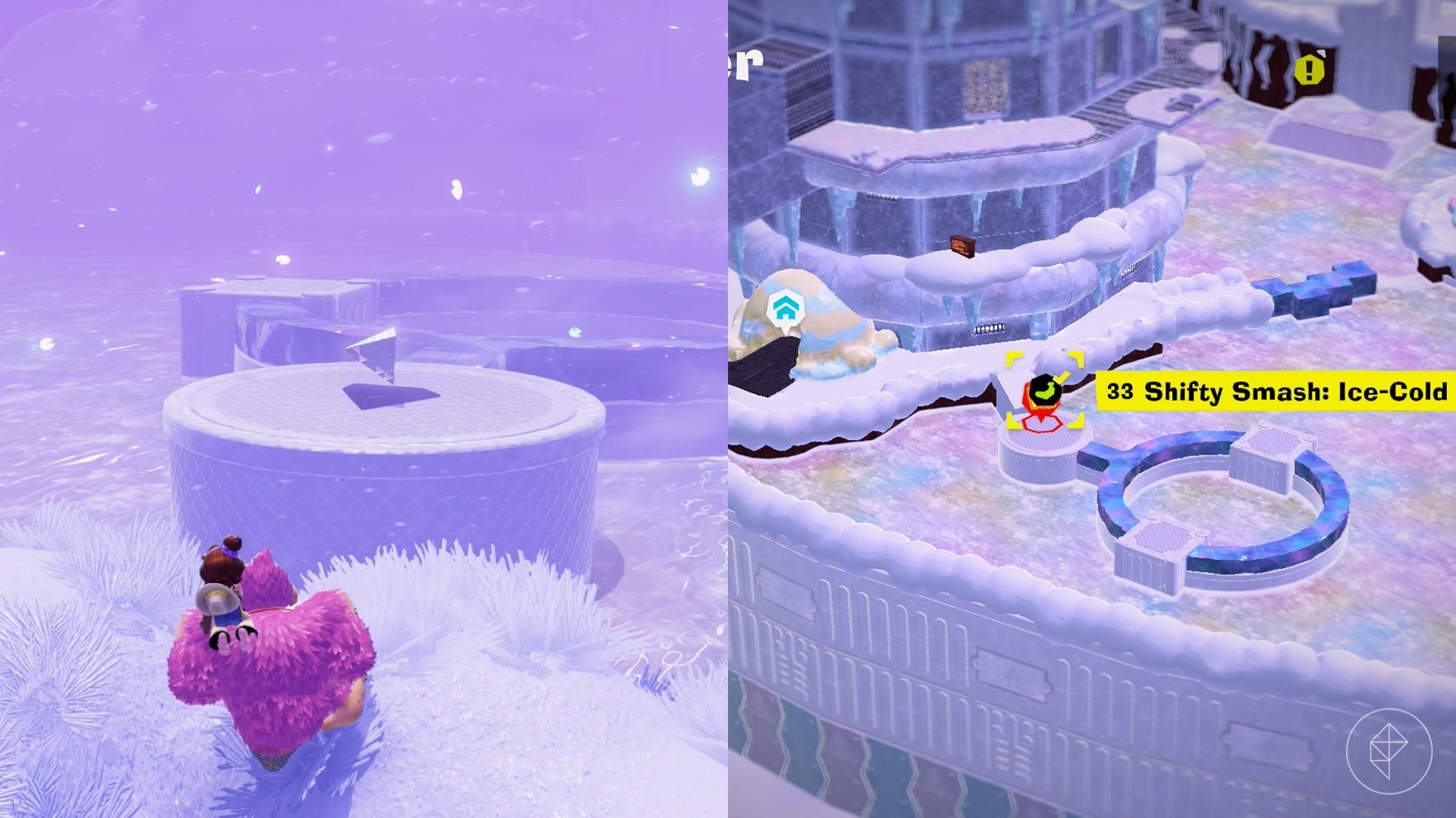 Donkey Kong stands by the edge of a cliff near a platform with a floating silver triangle while looking for Freezer layer bananas in a split image map that shows Freezer banandium gem locations in Donkey Kong Bananza