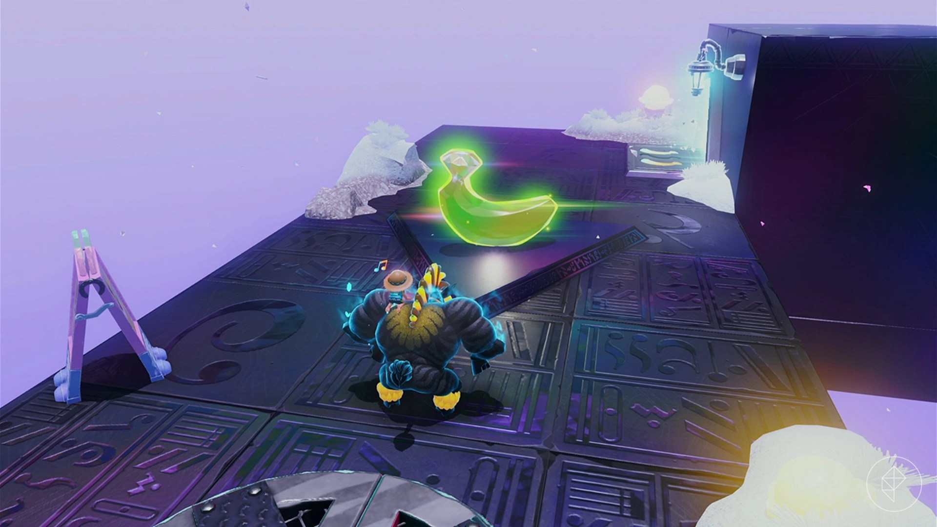 Donkey Kong stands next to a glowing banana gem on a stone platform in the Freezer Layer bananadium gems in Donkey Kong Bananza