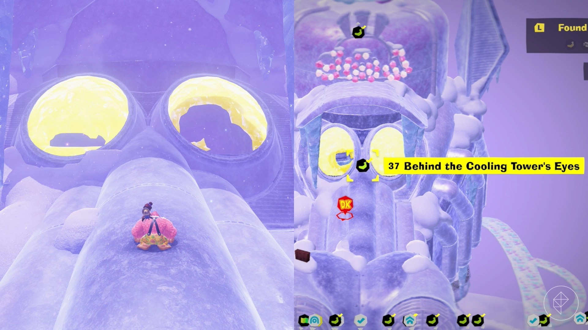 Donkey Kong stands in front of the cooling tower’s eyes while looking for Freezer layer bananas in a split image map that shows Freezer banandium gem locations in Donkey Kong Bananza