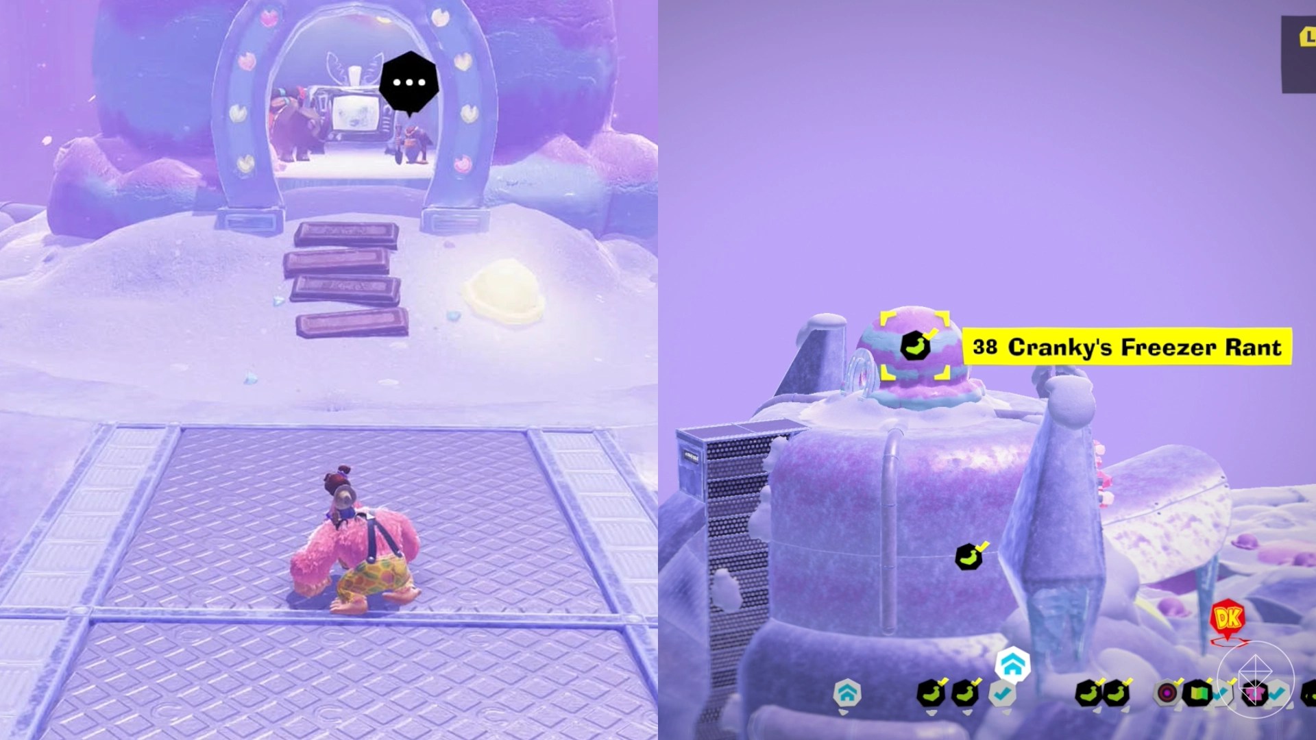 Donkey Kong stands in on a metal plate in the snow in front of a snowy frozen arch while looking for Freezer layer bananas in a split image map that shows Freezer banandium gem locations in Donkey Kong Bananza