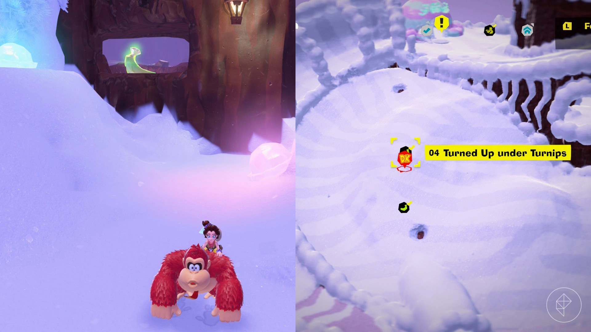 Donkey Kong stands in the snow in fron of a cave on a cliff while looking for Freezer layer bananas in a split image that shows Freezer banandium gem locations in Donkey Kong Bananza