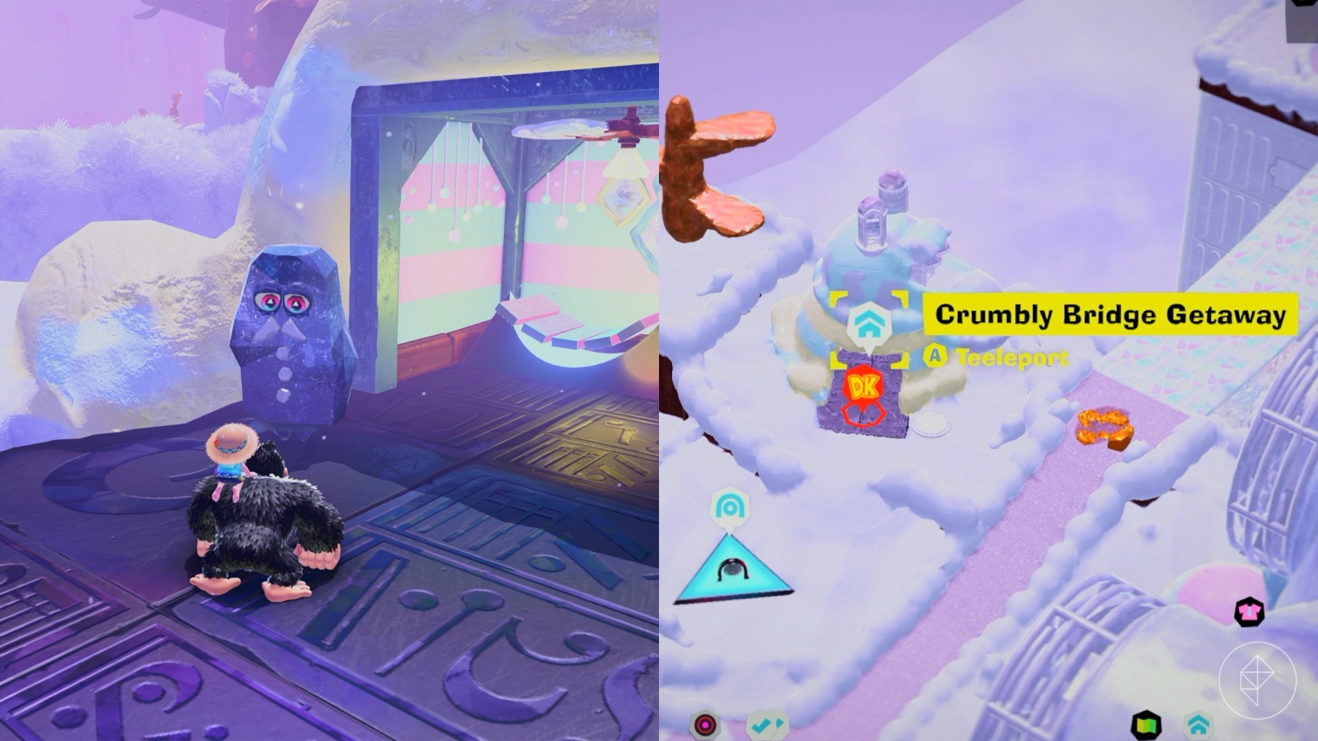 Donkey Kong interacts with the chip exchange while looking for Freezer layer bananas in a split image map that shows Freezer banandium gem locations in Donkey Kong Bananza
