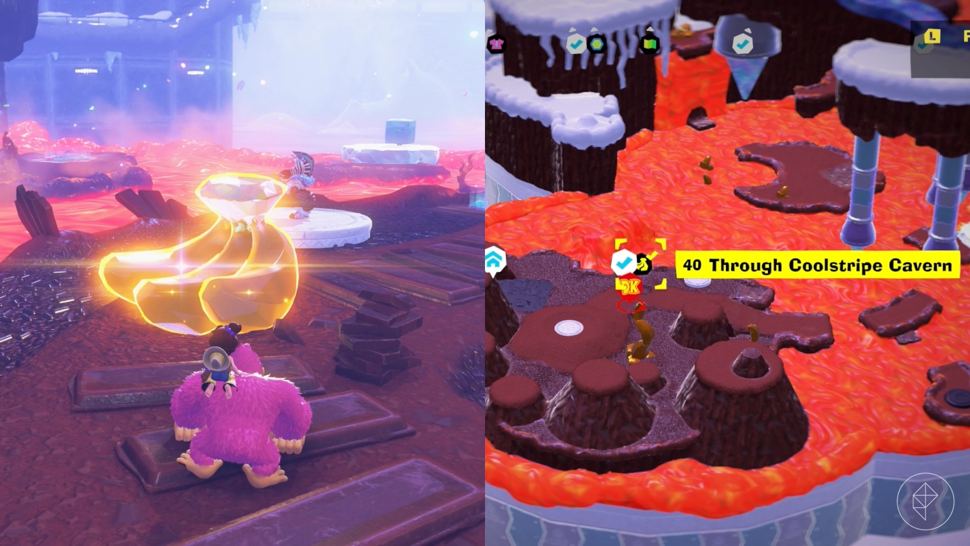 Donkey Kong walks down a dirt path and interacts with a batch of bananas while looking for Freezer layer bananas in a split image map that shows Freezer banandium gem locations in Donkey Kong Bananza