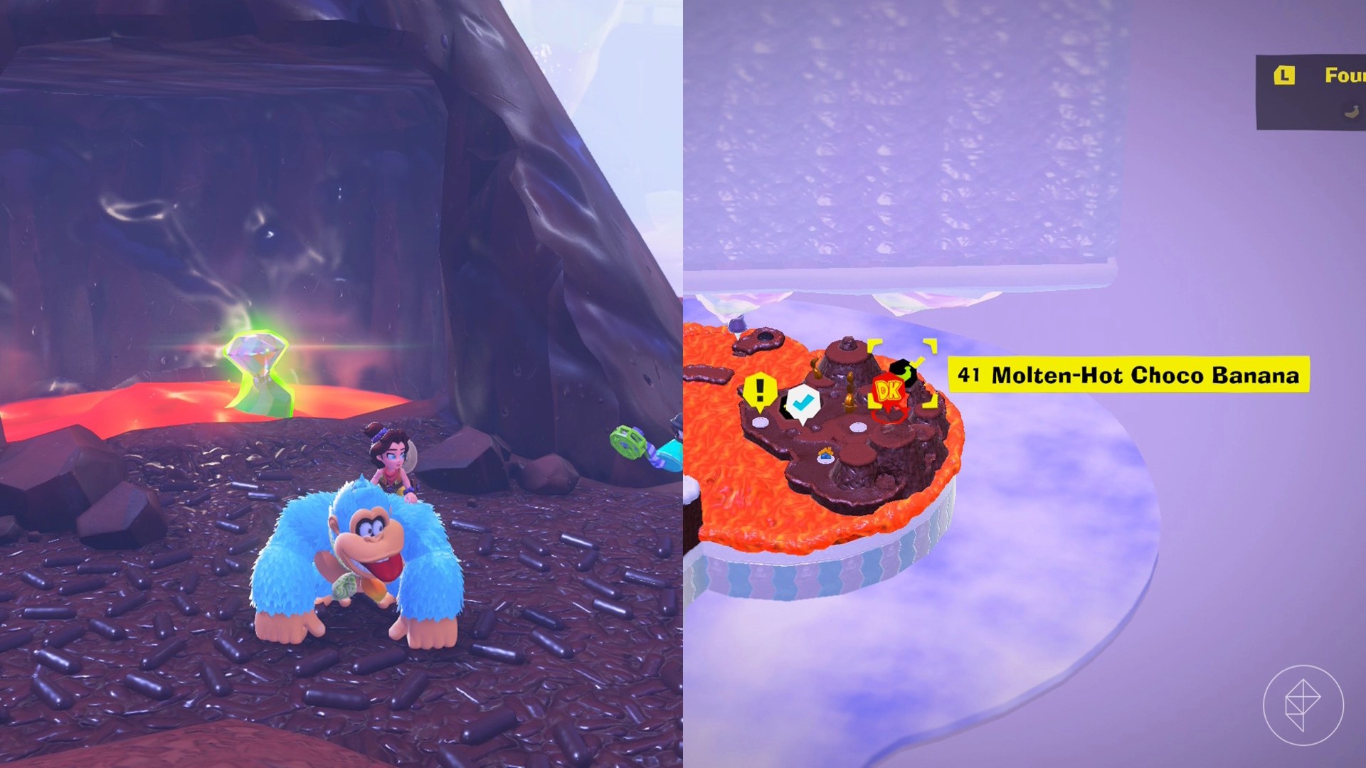 Donkey Kong stands on a dirt path in front of a banana in lava while looking for Freezer layer bananas in a split image map that shows Freezer banandium gem locations in Donkey Kong Bananza