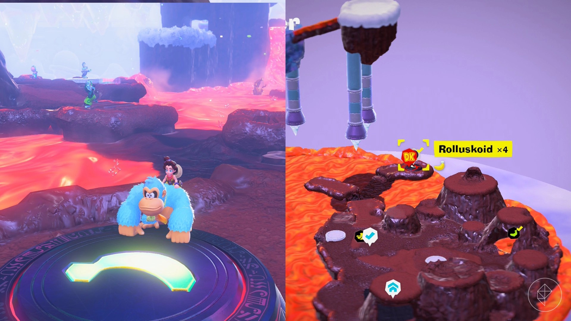 Donkey Kong stands on a dirt path in lava while looking for Freezer layer bananas in a split image map that shows Freezer banandium gem locations in Donkey Kong Bananza