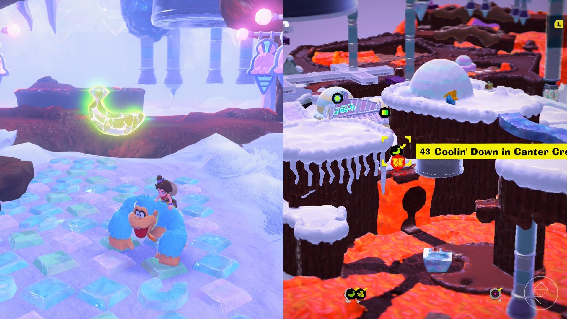 Donkey Kong stands on snow and ice near dirt above lava while looking for Freezer layer bananas in a split image map that shows Freezer banandium gem locations in Donkey Kong Bananza