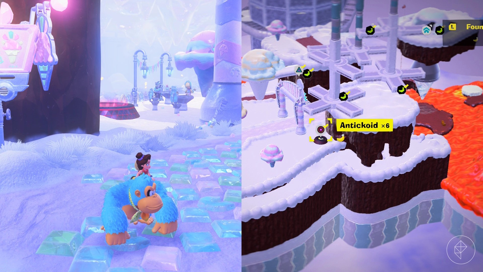 Donkey Kong stands on snow and ice by a cliff while looking for Freezer layer bananas in a split image map that shows Freezer banandium gem locations in Donkey Kong Bananza