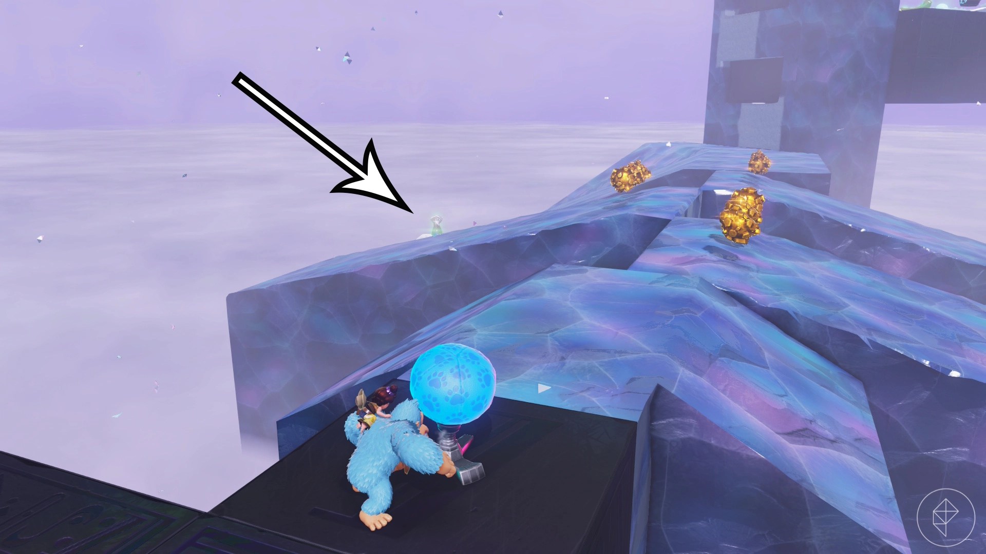 Donkey Kong navigates a frozen structure above the clouds while looking for golden bananas in the Freezer Layer in Donkey Kong Bananza