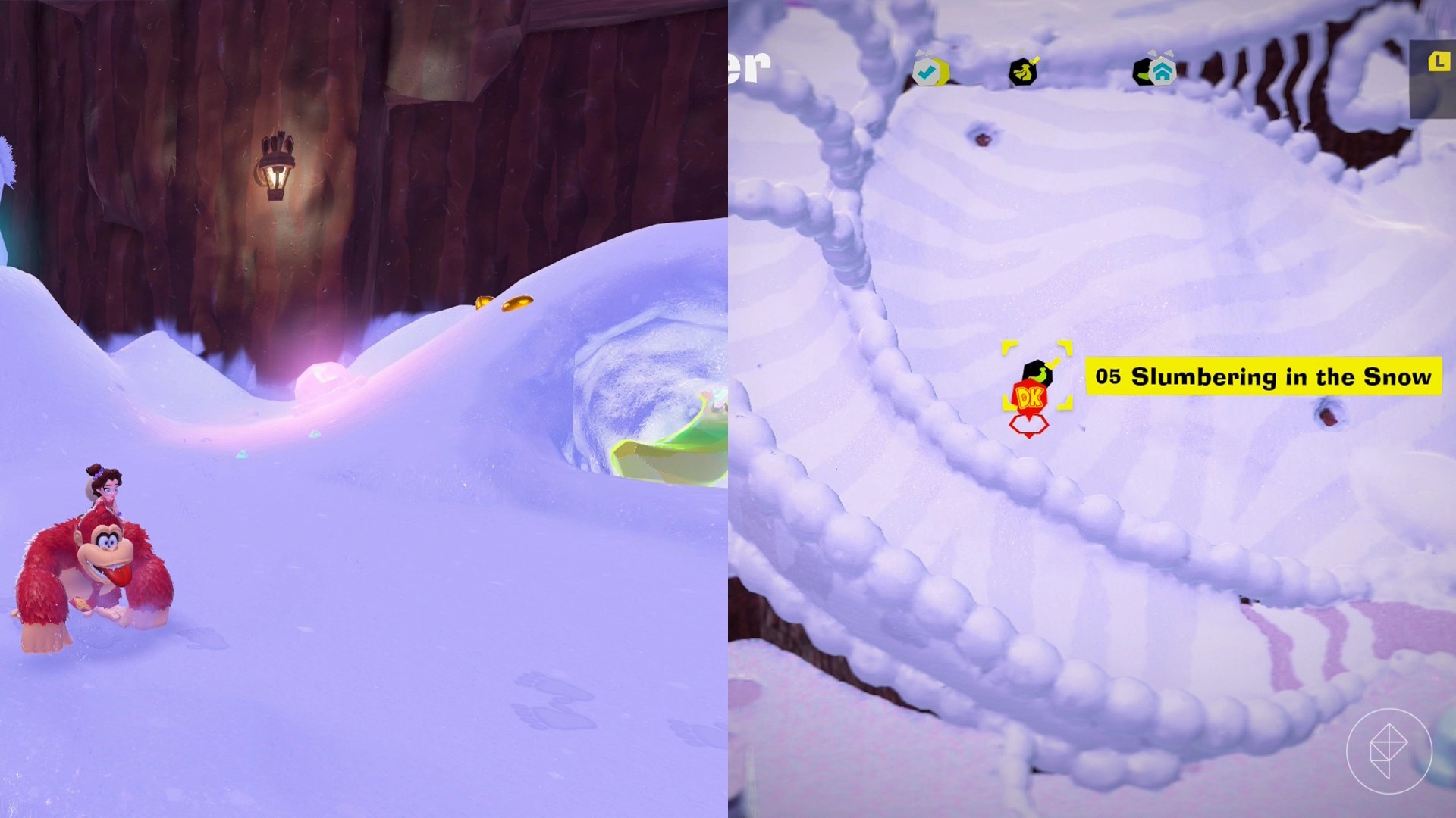 Donkey Kong runs through the snow near a cliff while looking for Freezer layer bananas in a split image that shows Freezer banandium gem locations in Donkey Kong Bananza