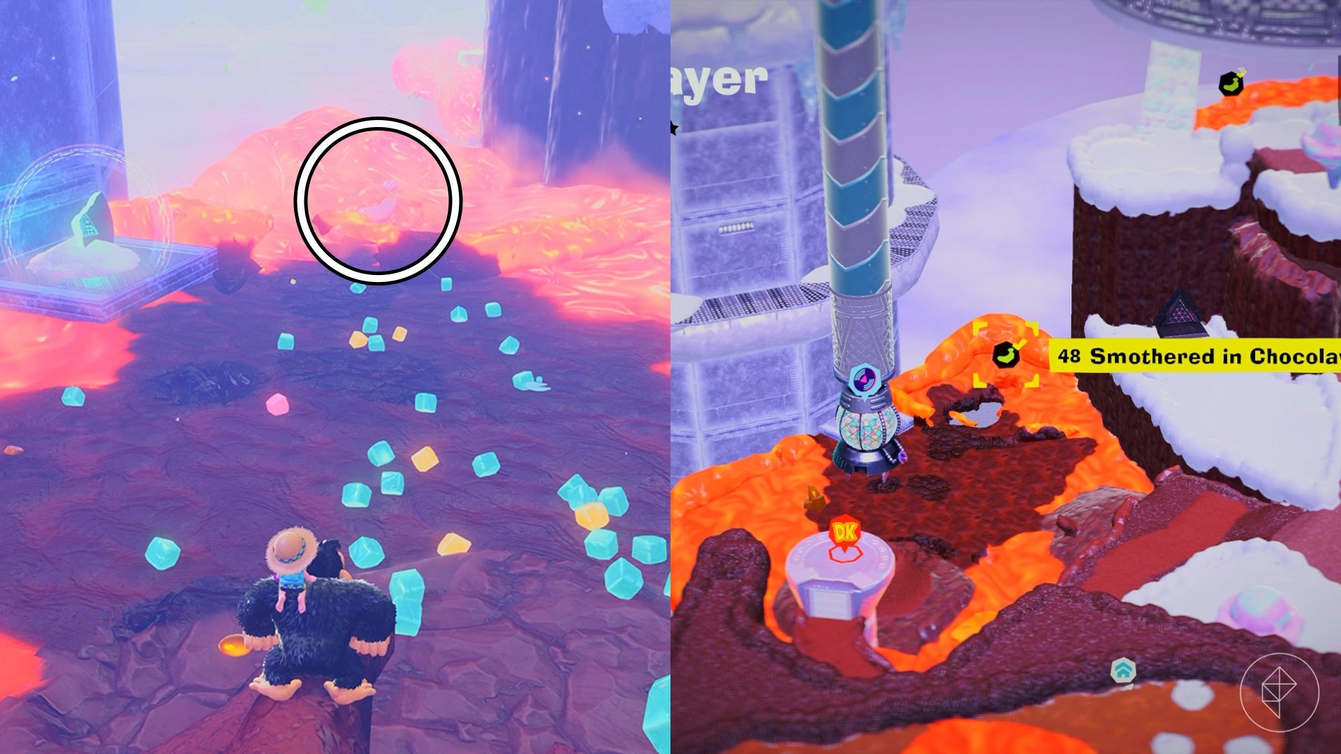 Donkey Kong runs down a dirt part with gems and lava between ice cliffs while looking for Freezer layer bananas in a split image map that shows Freezer banandium gem locations in Donkey Kong Bananza