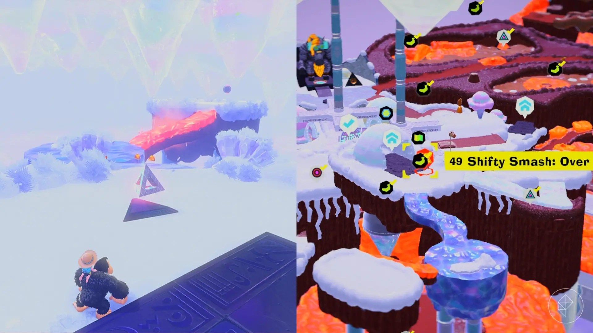 Donkey Kong stands in the snow near a floating silver triangle while looking for Freezer layer bananas in a split image map that shows Freezer banandium gem locations in Donkey Kong Bananza