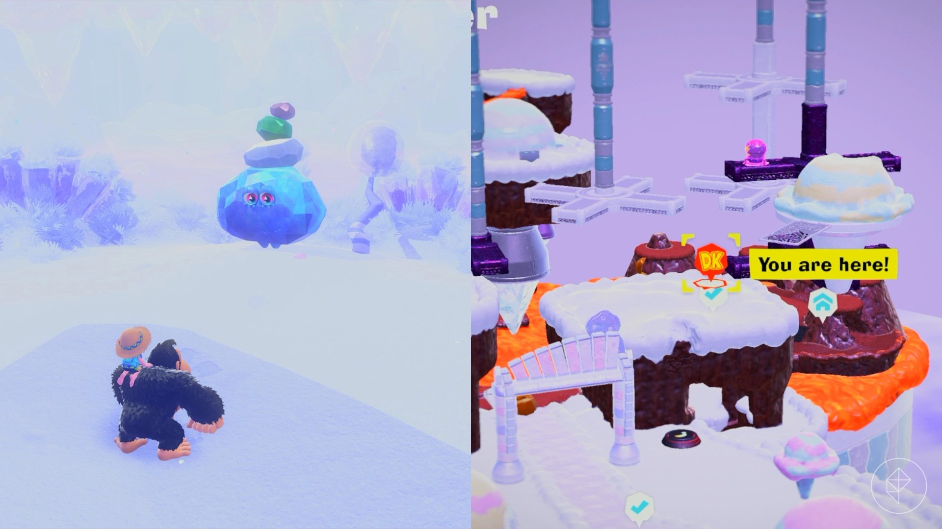 Donkey Kong stares at floating colorful rocks while hunting for Freezer layer bananas in a split image map that shows Freezer banandium gem locations in Donkey Kong Bananza