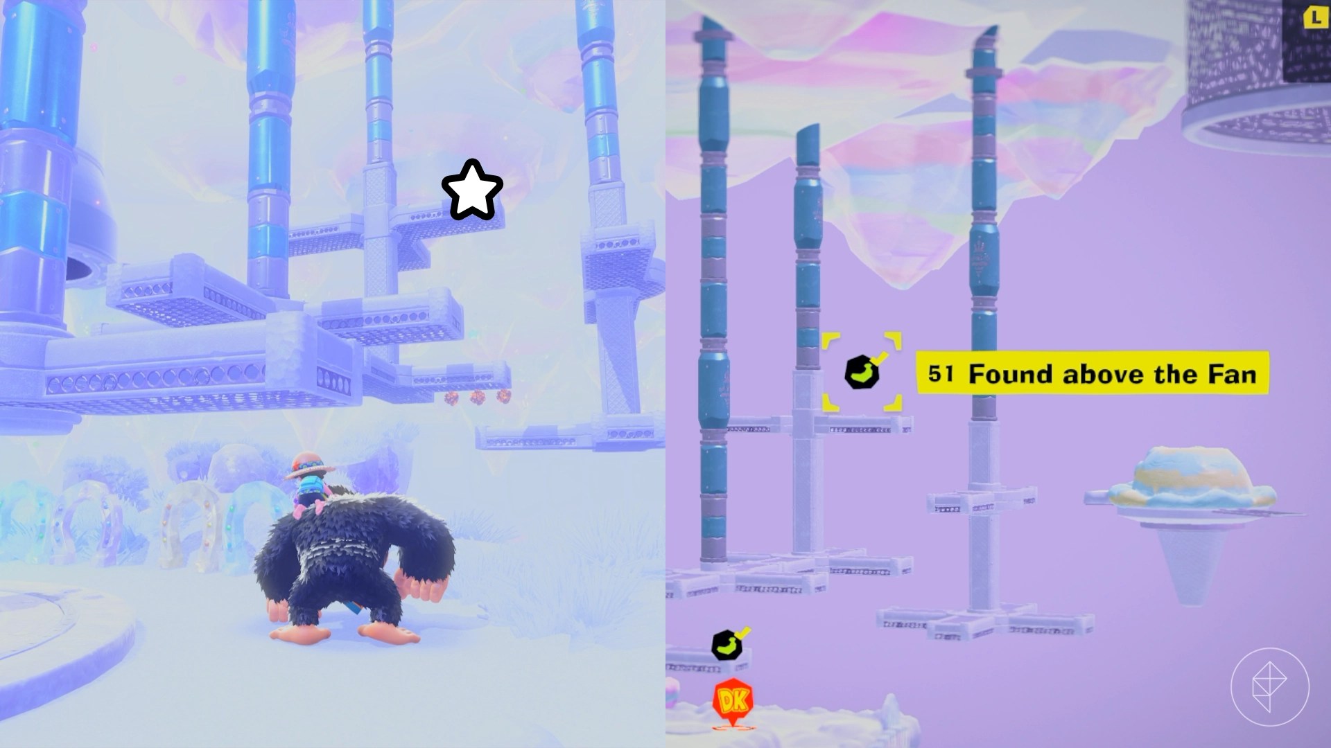 Donkey Kong looks at a series of floating ramparts and structures while looking for Freezer layer bananas in a split image map that shows Freezer banandium gem locations in Donkey Kong Bananza