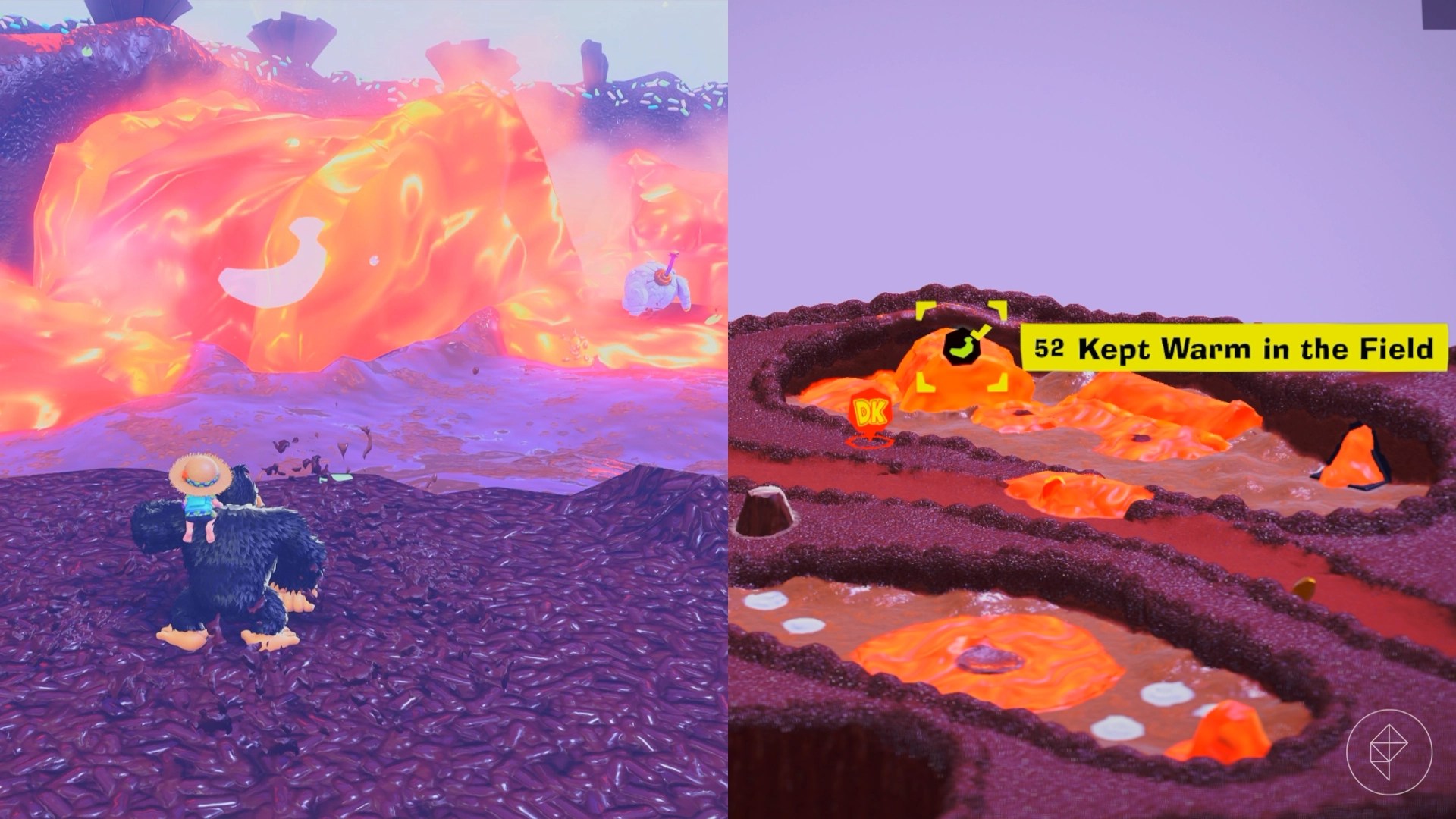 Donkey Kong looks at lava near a dirt field while looking for Freezer layer bananas in a split image map that shows Freezer banandium gem locations in Donkey Kong Bananza