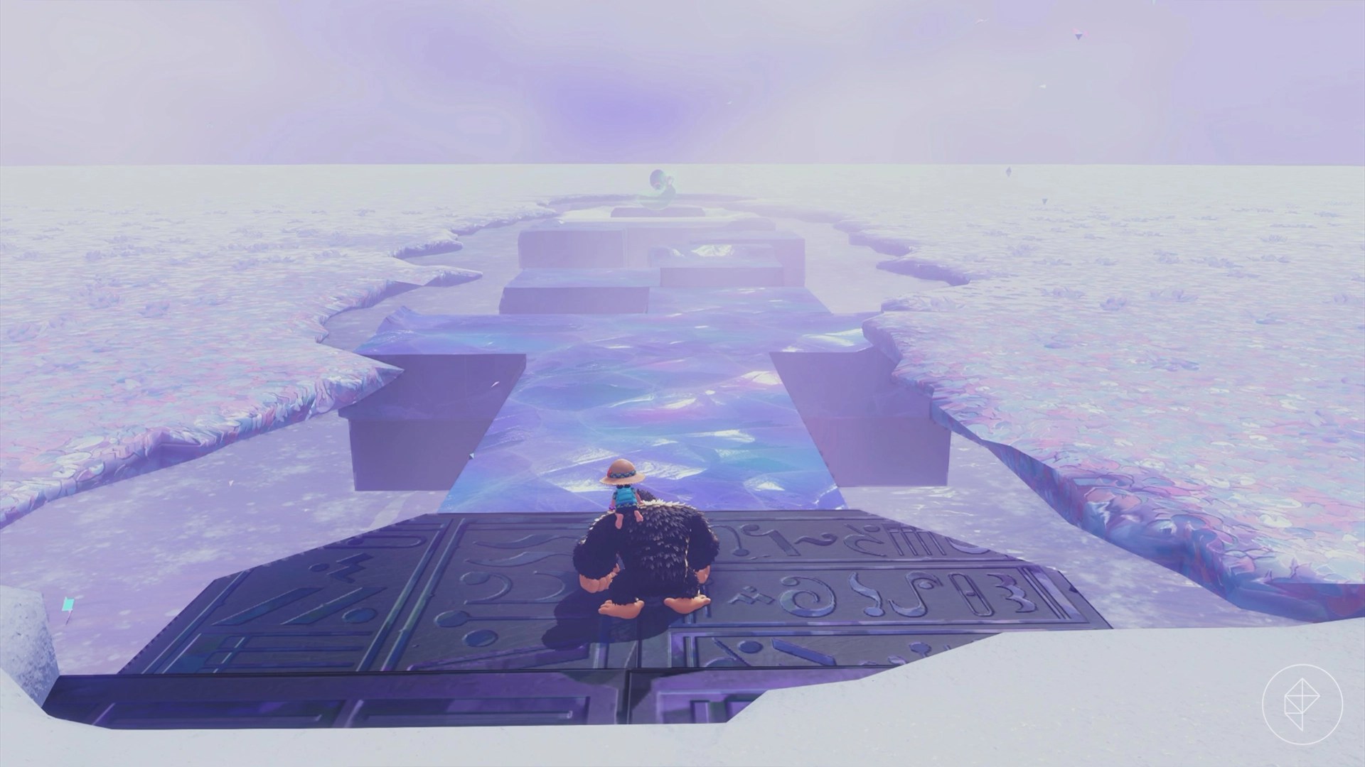 Donkey Kong gazes out over a frozen bridge that leads to Golden Banana Banandium Gem in the freezer layer in Donkey Kong Bananza