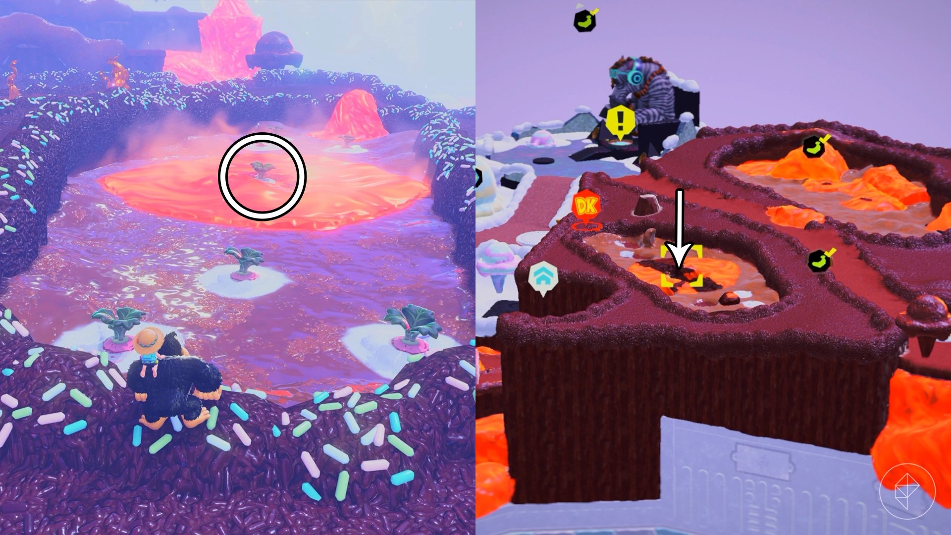 Donkey Kong stares at a lava lake while looking for Freezer layer bananas in a split image map that shows Freezer banandium gem locations in Donkey Kong Bananza