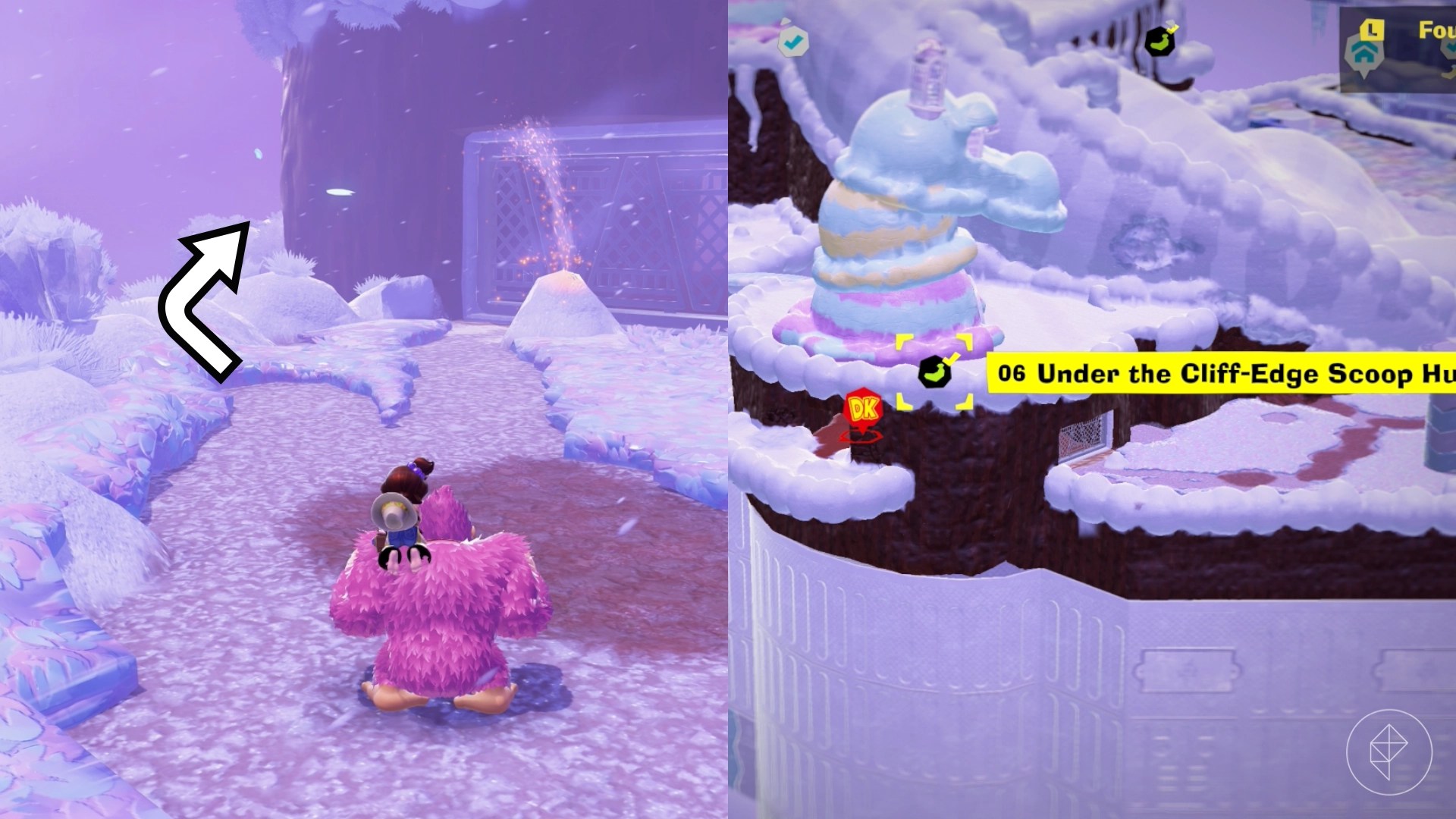 Donkey Kong walks toward a cliff in for Freezer layer bananas in a split image that shows Freezer banandium gem locations in Donkey Kong Bananza