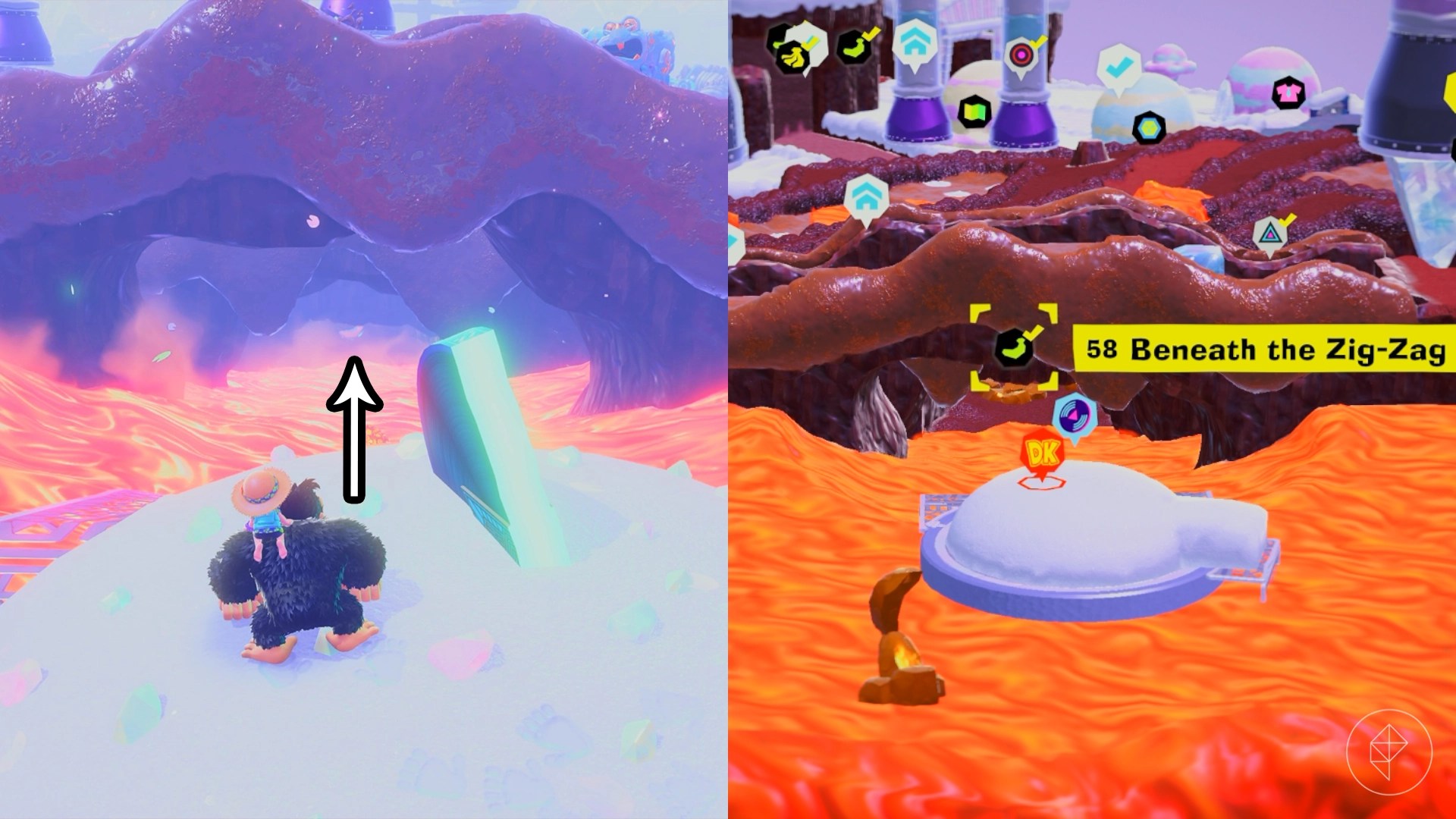 Donkey Kong stands in the snow while looking for Freezer layer bananas in a split image map that shows Freezer banandium gem locations in Donkey Kong Bananza