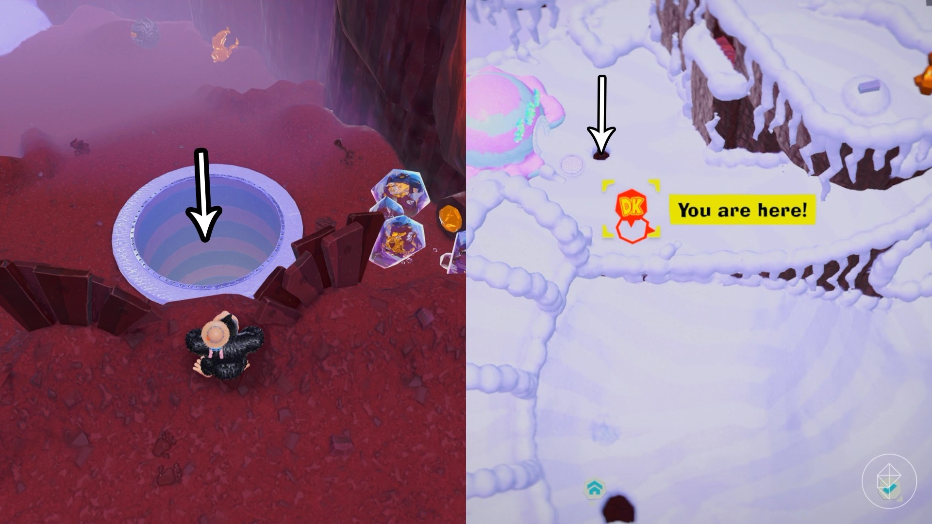 Donkey Kong stares at a vertical tunnel while looking for Freezer layer bananas in a split image map that shows Freezer banandium gem locations in Donkey Kong Bananza