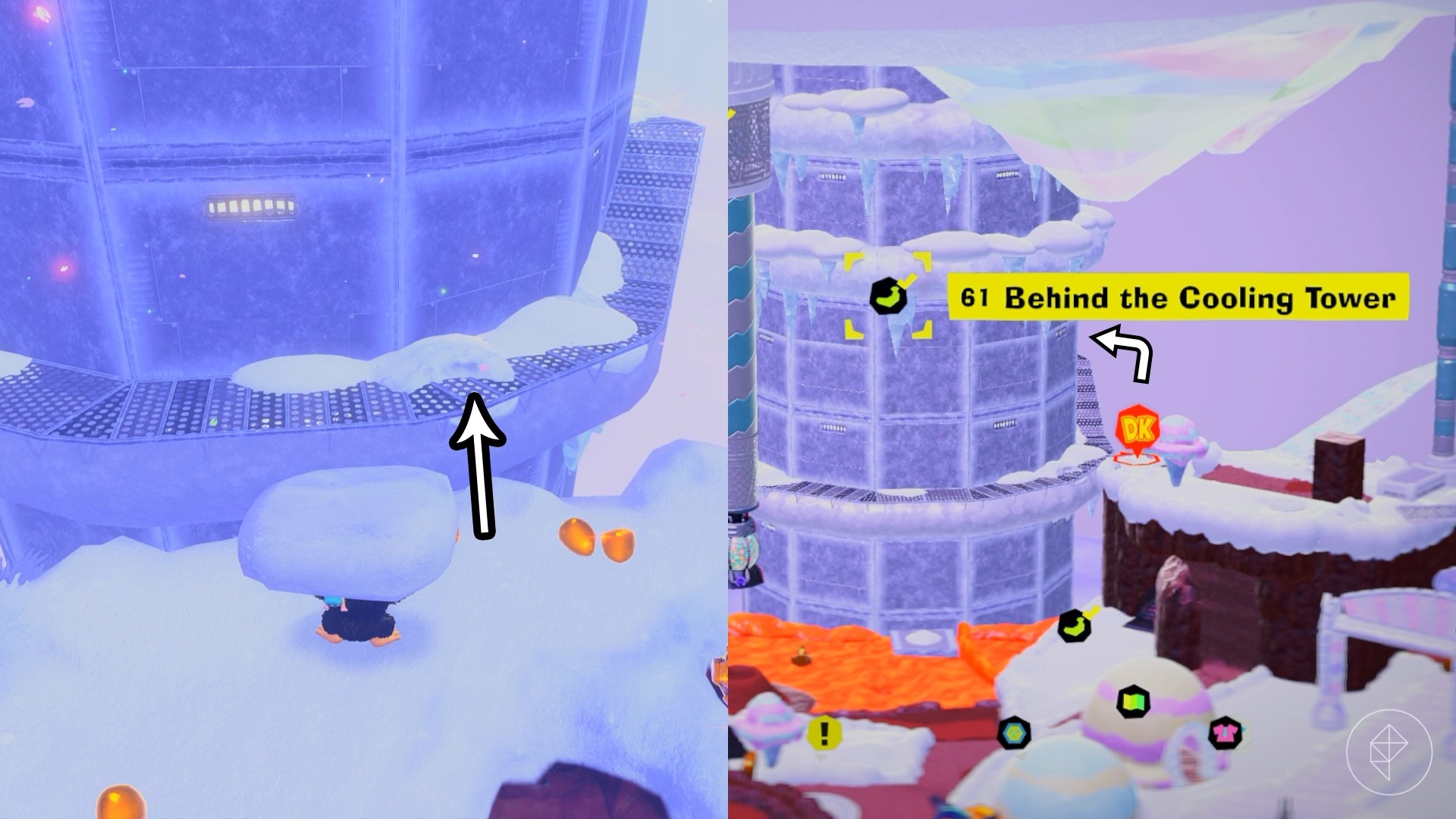 Donkey Kong holds a giant chunk of ice in front of a steel structure cooling tower while looking for Freezer layer bananas in a split image map that shows Freezer banandium gem locations in Donkey Kong Bananza