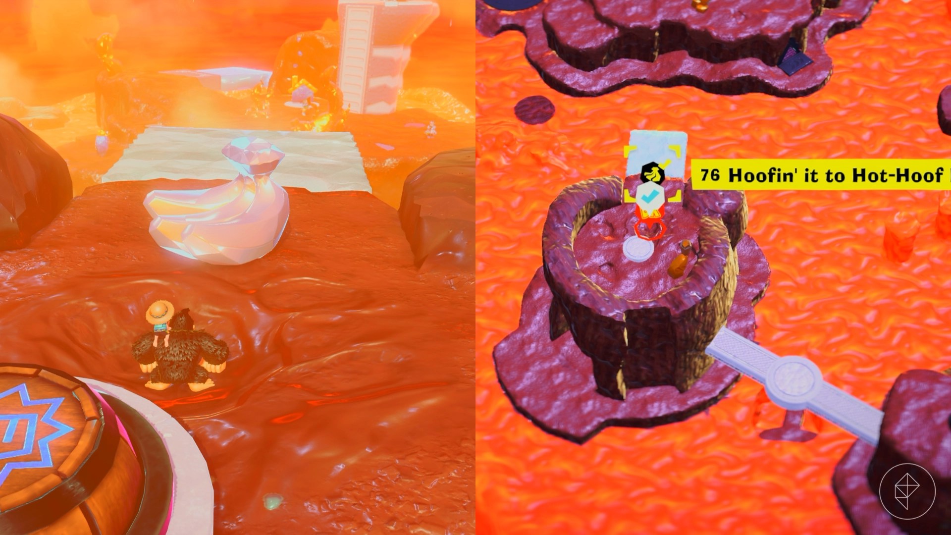Donkey Kong stands in melted chocolate in front of a trio of bananas while looking for Freezer layer bananas in a split image map that shows Freezer banandium gem locations in Donkey Kong Bananza