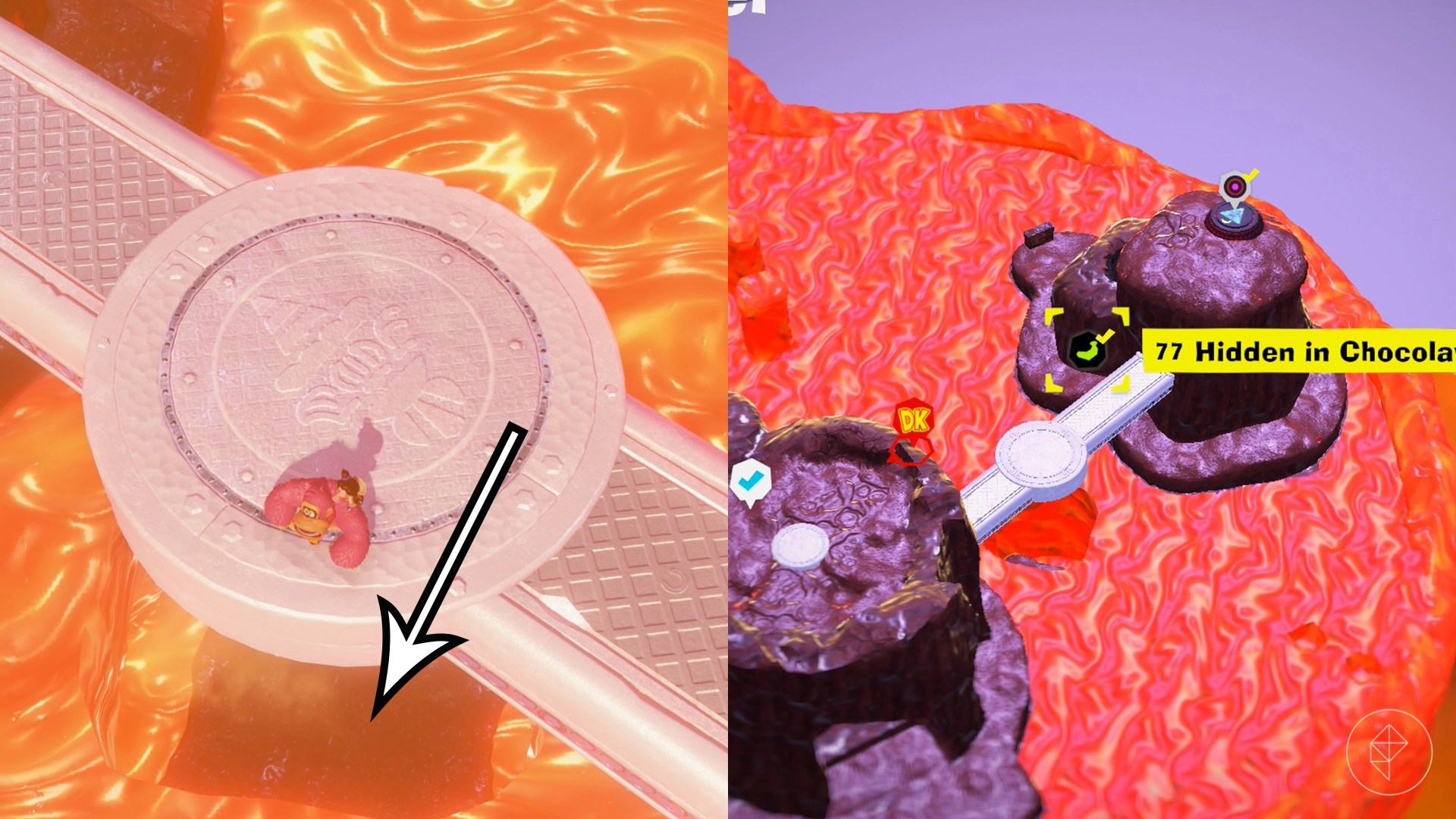 Donkey Kong stands on a platform above molten chocolate while looking for Freezer layer bananas in a split image map that shows Freezer banandium gem locations in Donkey Kong Bananza