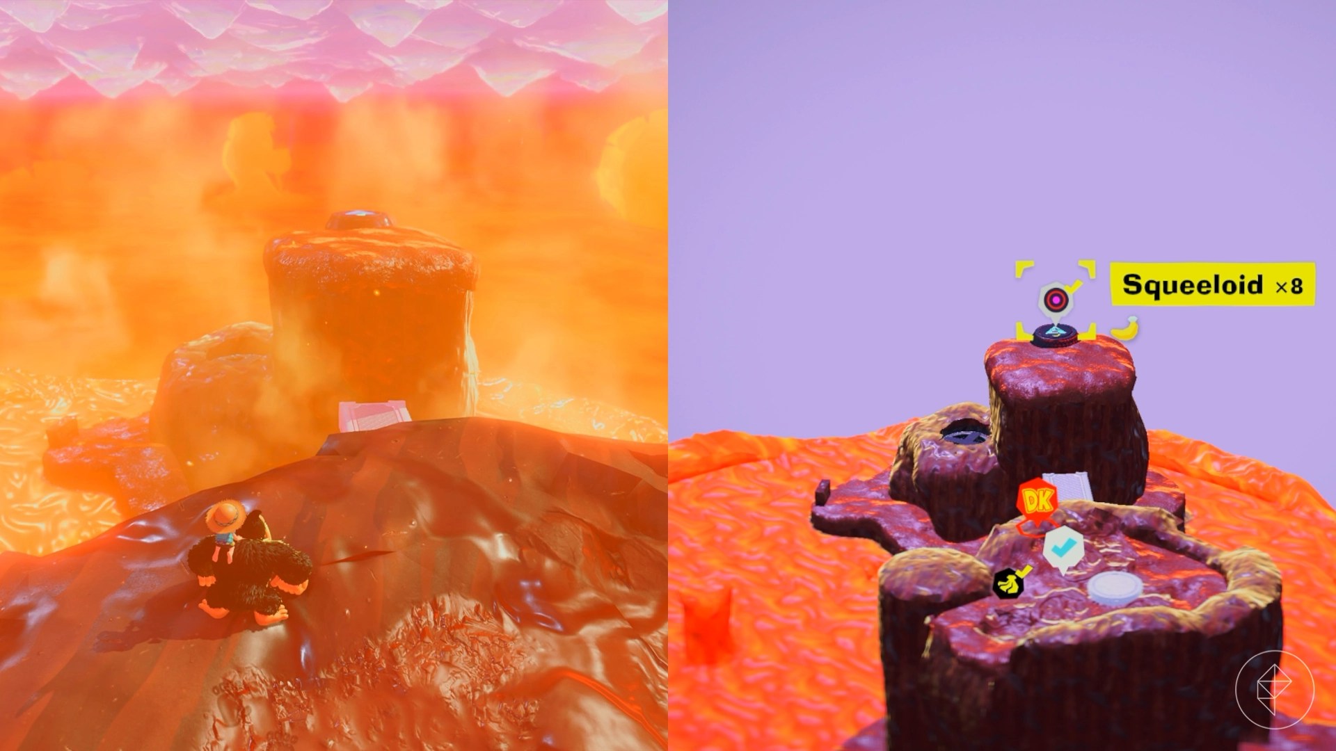 Donkey Kong stands in molten chocolate and looks at lava while looking for Freezer layer bananas in a split image map that shows Freezer banandium gem locations in Donkey Kong Bananza