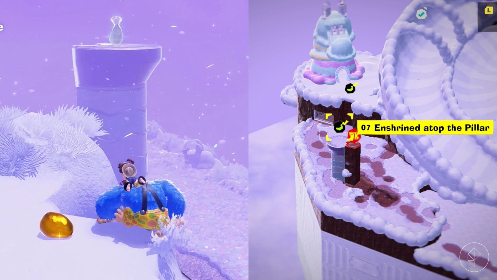 Donkey Kong stands near snowy bushes and walks toward a snowy pillar while looking for Freezer layer bananas in a split image that shows Freezer banandium gem locations in Donkey Kong Bananza