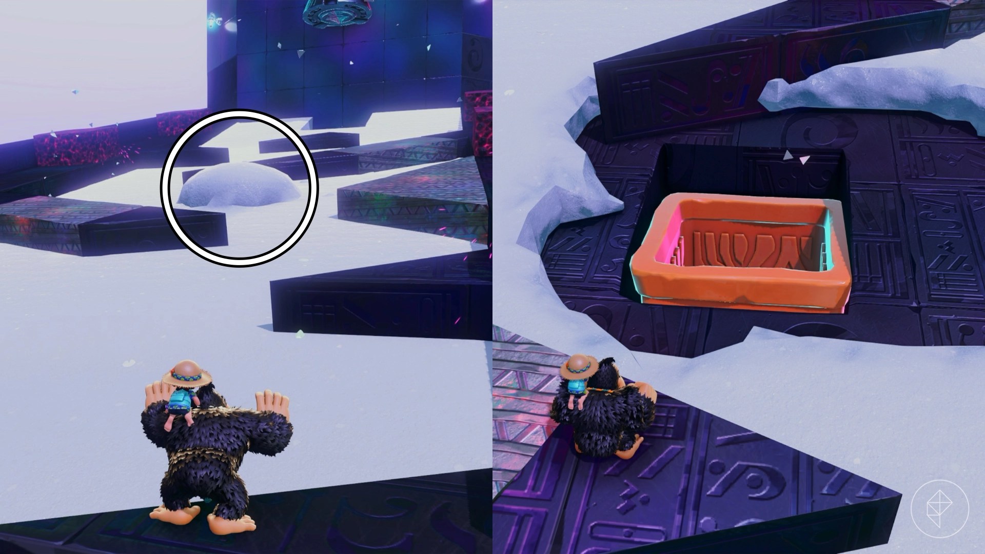 Donkey Kong runs through an area of snow and stone triangular platforms in a split image showing where to find Donkey Kong Bananza bananas in Freezer layer