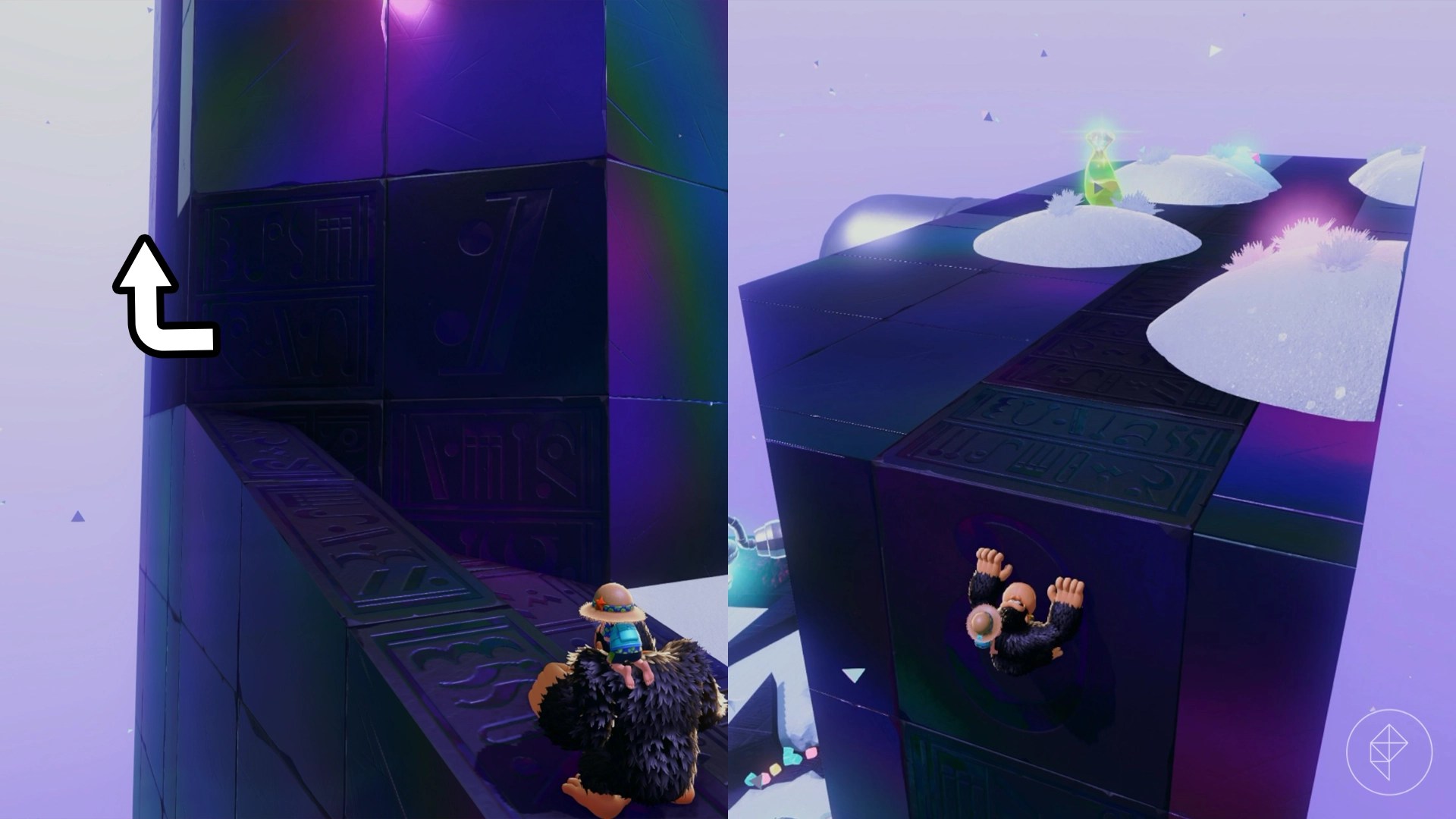 Donkey Kong navigates a stone structure in a split image showing where to find Freezer Layer Banandium gems in Donkey Kong Bananza