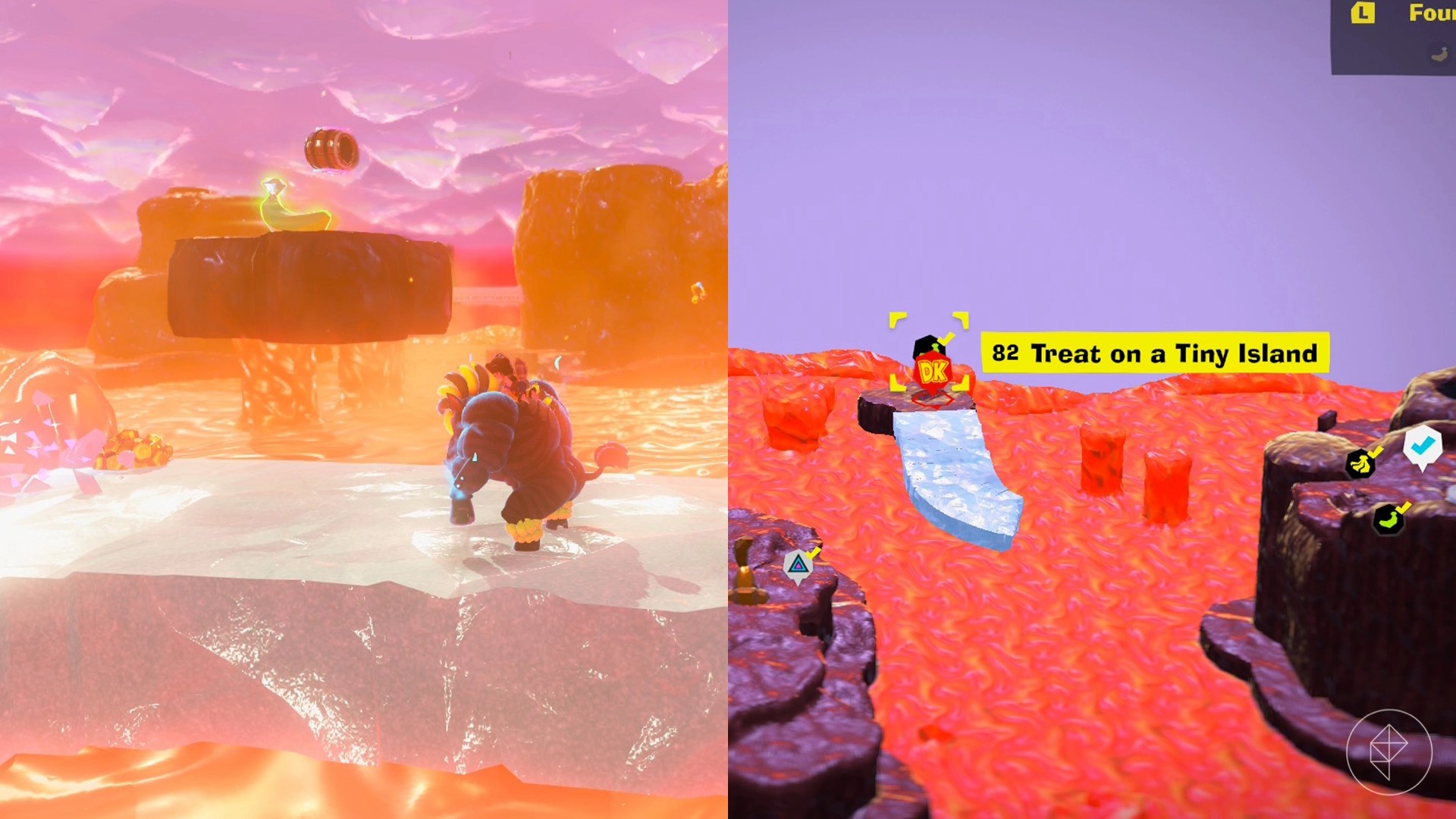Donkey Kong stands on a frozen platform above a lava river while looking for Freezer layer bananas in a split image map that shows Freezer banandium gem locations in Donkey Kong Bananza