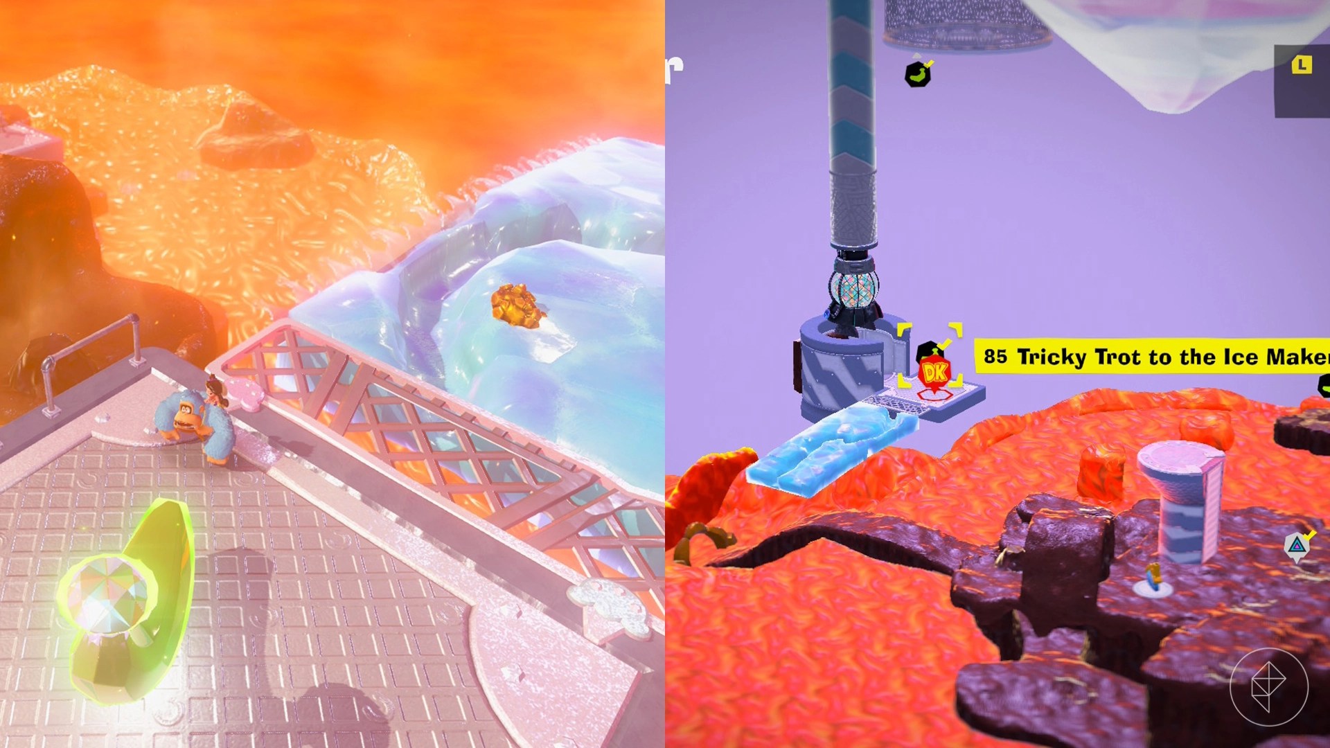 Donkey Kong stands beneath a golden banana banandium gem on a steel platform while looking for Freezer layer bananas in a split image map that shows Freezer banandium gem locations in Donkey Kong Bananza