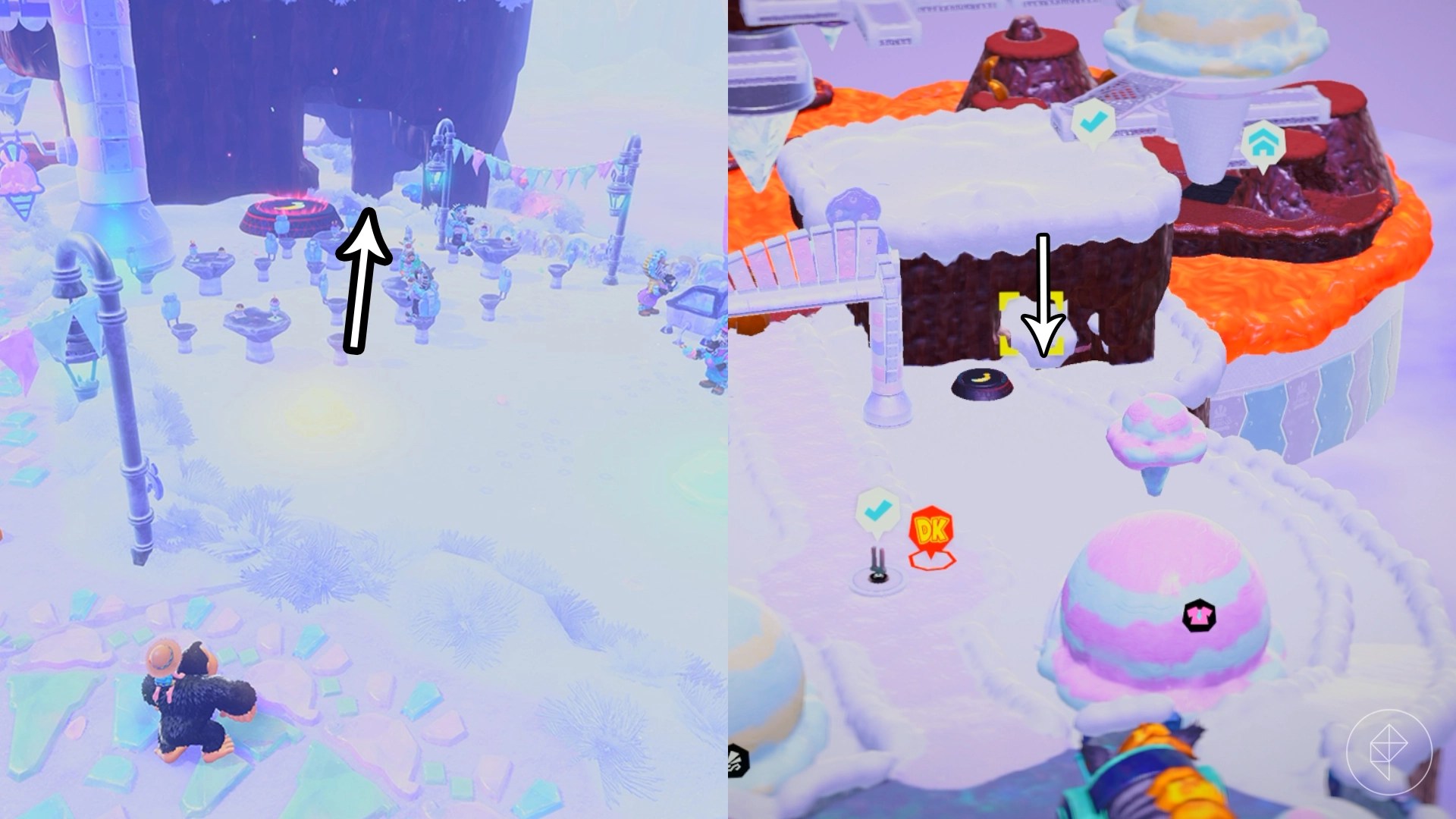 Donkey Kong stands in the snow while looking for Freezer layer bananas in a split image map that shows Freezer banandium gem locations in Donkey Kong Bananza