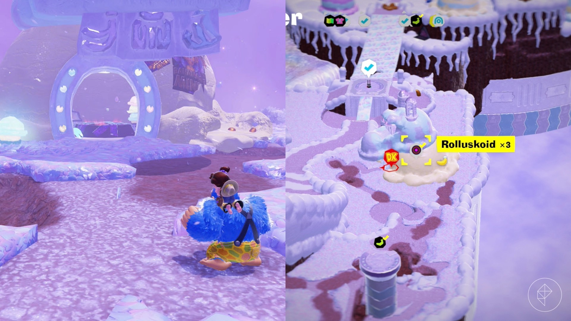 Donkey Kong stands in a frozen tundra near a St Louis style arch while looking for Freezer layer bananas in a split image that shows Freezer banandium gem locations in Donkey Kong Bananza