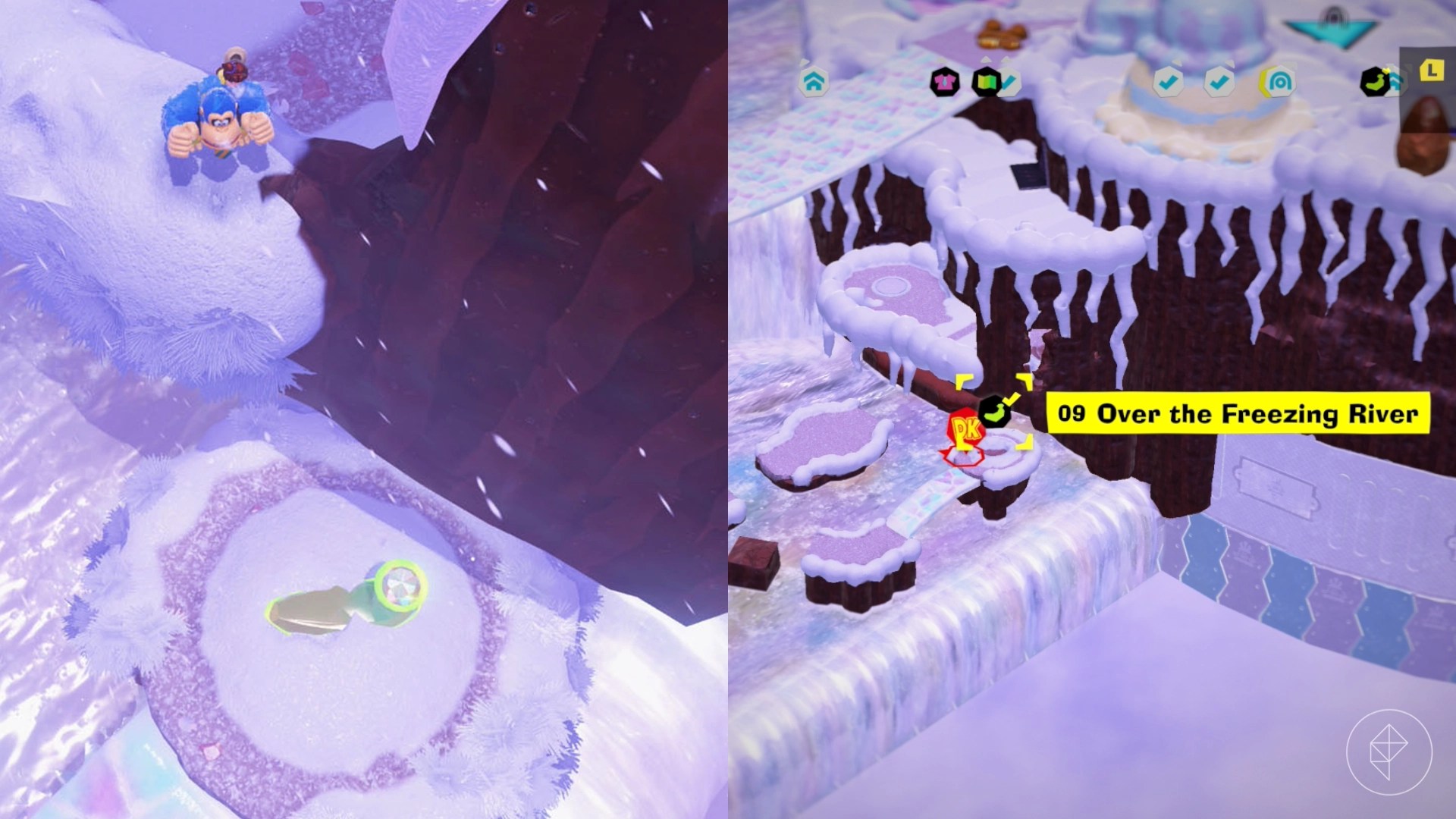 Donkey Kong stands in the snow while looking for Freezer layer bananas in a split image that shows Freezer banandium gem locations in Donkey Kong Bananza