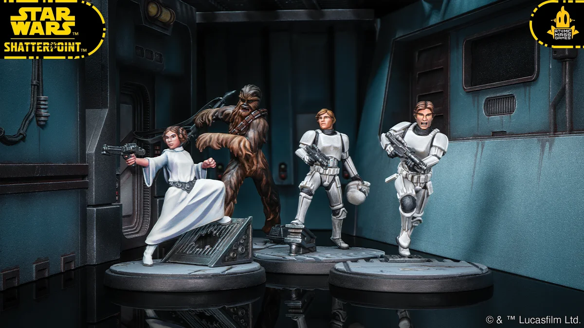 Princess Leia, Chewbacca, Han Solo, and Luke Skywalker escaping the Death Star in Star Wars Shatterpoint.