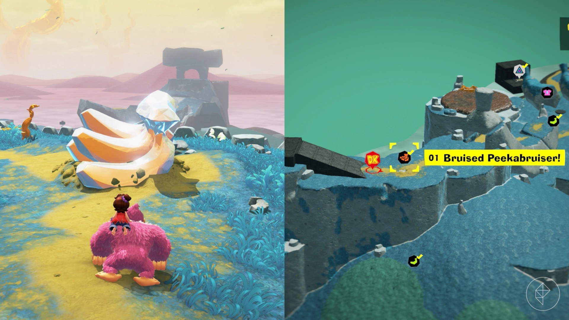 Donkey Kong walks up to a giant banandium gem on a grassy cliffside while finding Hilltop Layer bananas in Donkey Kong Bananza Donkey Kong walks up to a giant banandium gem on a grassy cliffside while finding Hilltop Layer bananas in Donkey Kong Bananza