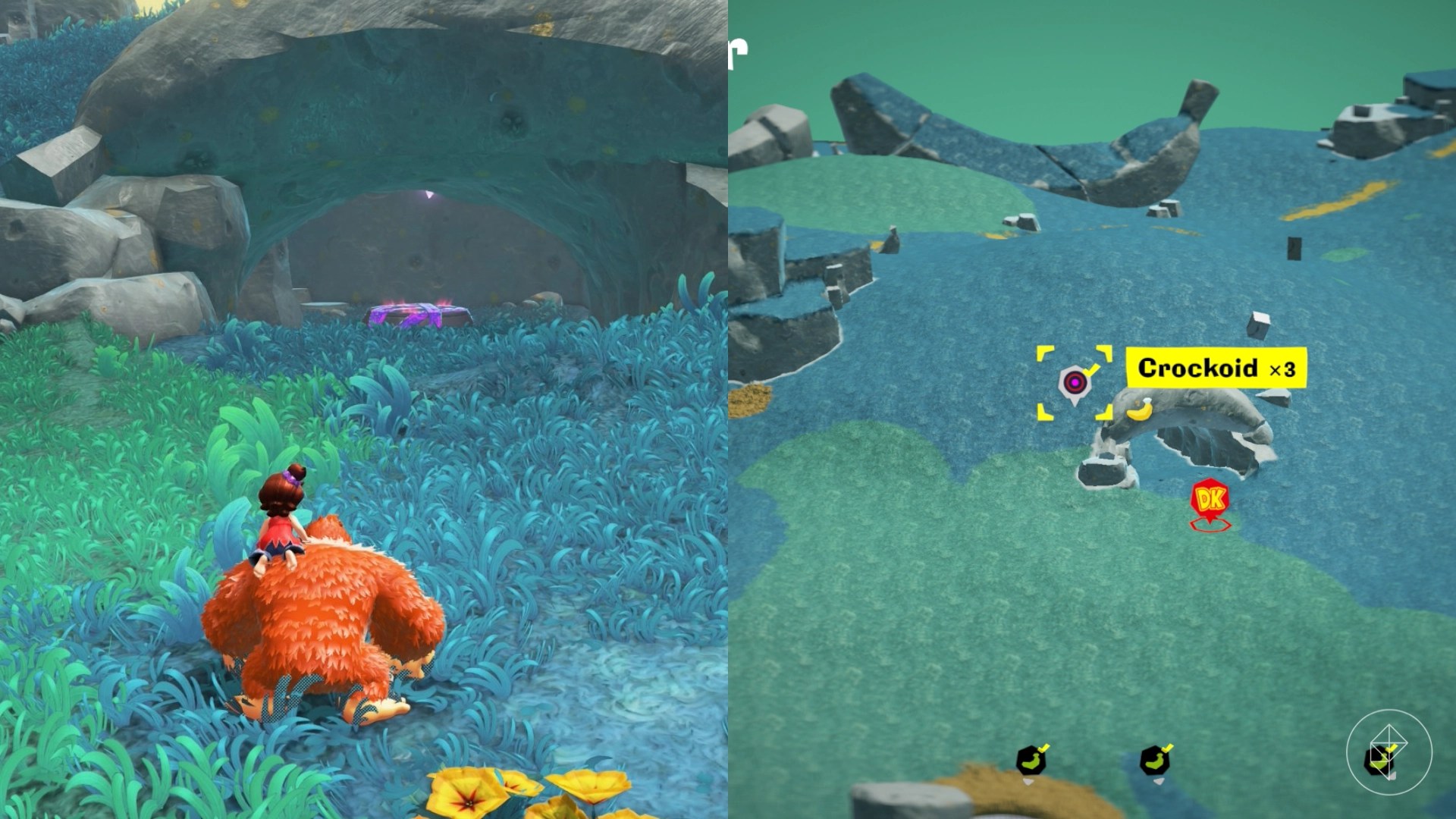 Donkey Kong walks toward a cave with a challenge door in a split image that also shows a map of a Hilltop Layer banana location in Donkey Kong Bananza Donkey Kong walks toward a cave with a challenge door in a split image that also shows a map of a Hilltop Layer banana location in Donkey Kong Bananza