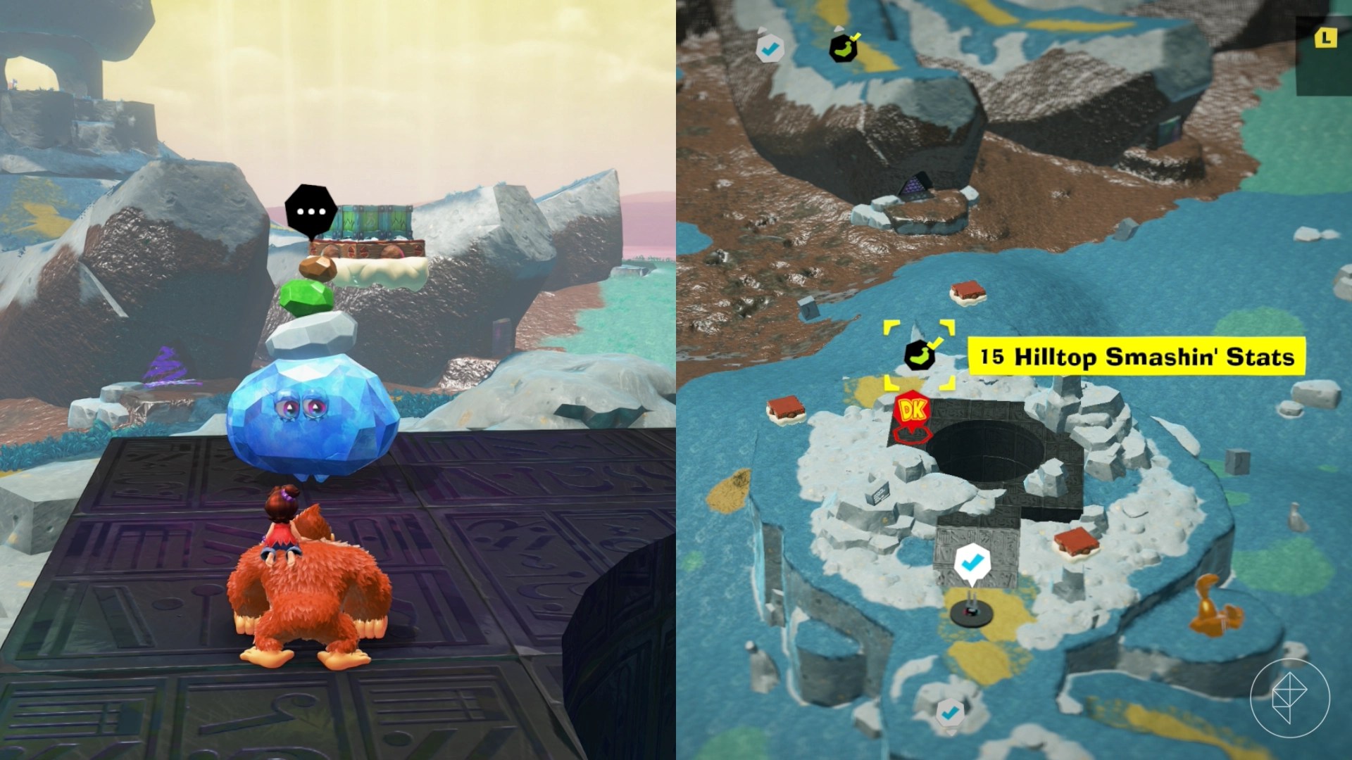 Donkey Kong stands next to a gold pipe in a pond in a split image that also shows a map of a Hilltop Layer banana location in Donkey Kong Bananza Donkey Kong stands next to a gold pipe in a pond in a split image that also shows a map of a Hilltop Layer banana location in Donkey Kong Bananza