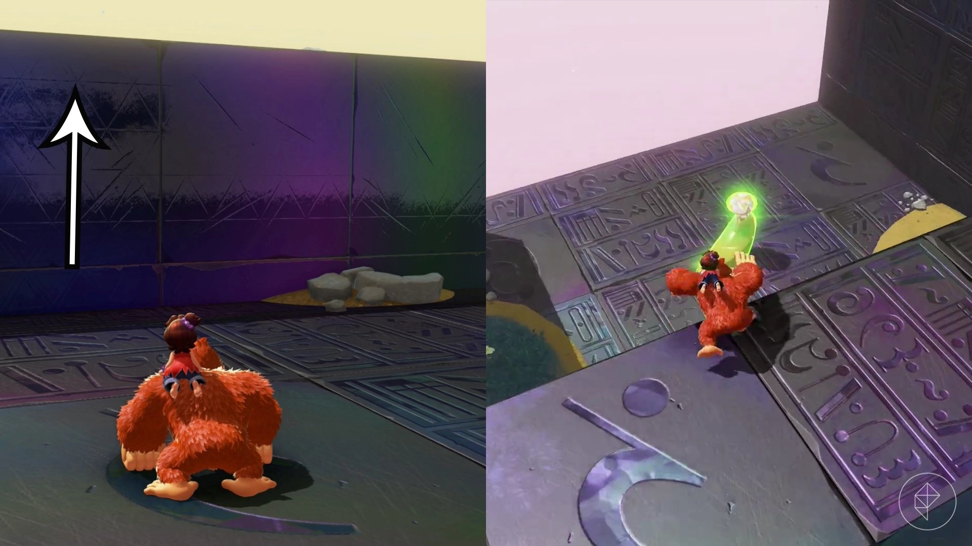 Donkey Kong jumps over a purple stone wall in a split image that also shows where to find a Hilltop Layer banana location in Donkey Kong Bananza Donkey Kong jumps over a purple stone wall in a split image that also shows where to find a Hilltop Layer banana location in Donkey Kong Bananza