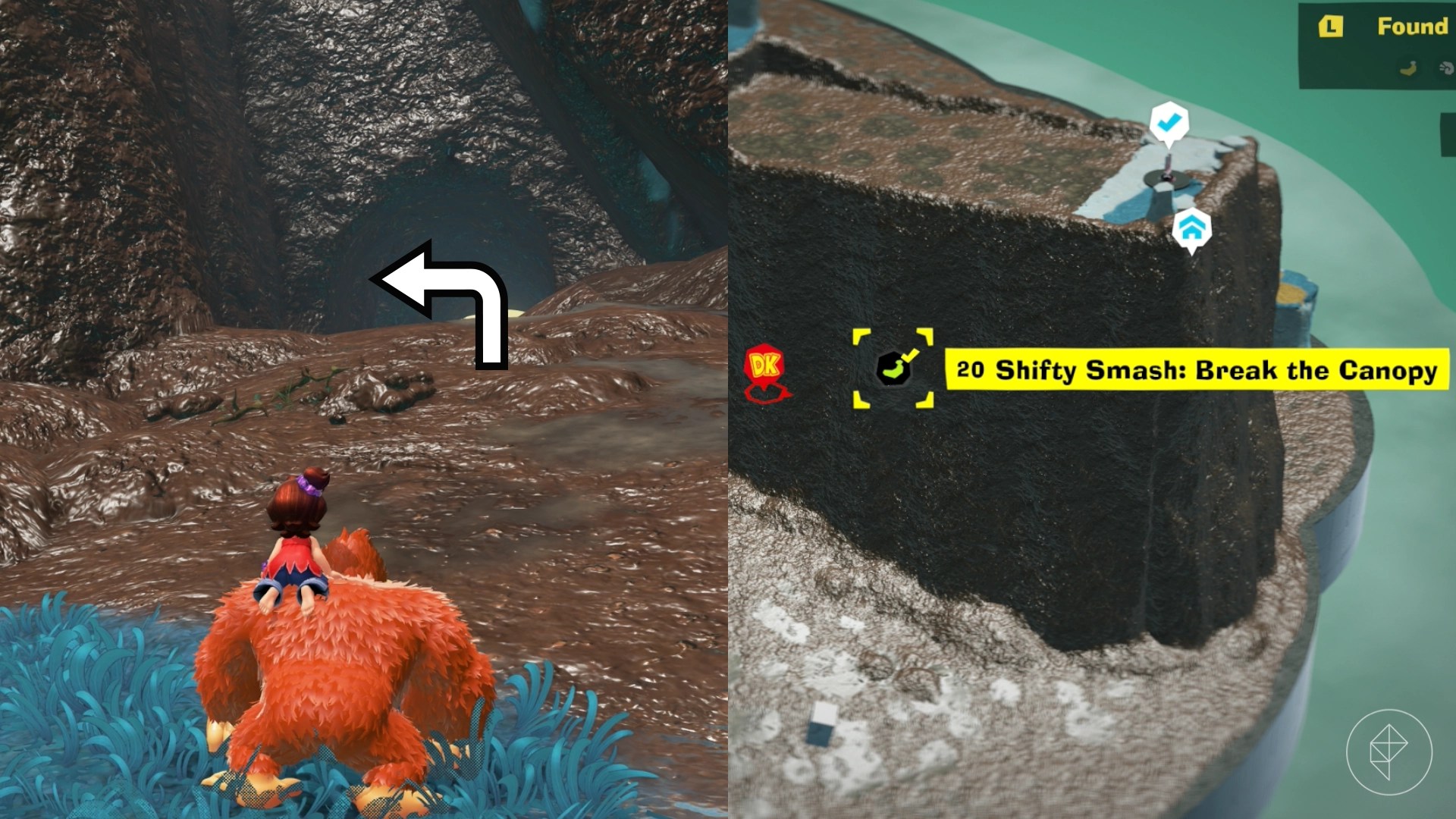 Donkey Kong strolls toward a dirt tunnel in a split image that also shows a map of a Hilltop Layer banana location in Donkey Kong Bananza Donkey Kong strolls toward a dirt tunnel in a split image that also shows a map of a Hilltop Layer banana location in Donkey Kong Bananza