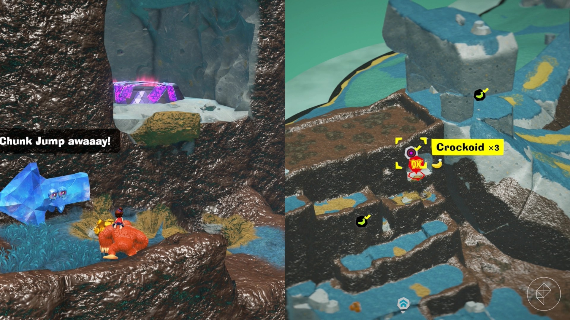 Donkey Kong climbs a swampy cliff in a split image that also shows a map of a Hilltop Layer banana location in Donkey Kong Bananza Donkey Kong climbs a swampy cliff in a split image that also shows a map of a Hilltop Layer banana location in Donkey Kong Bananza