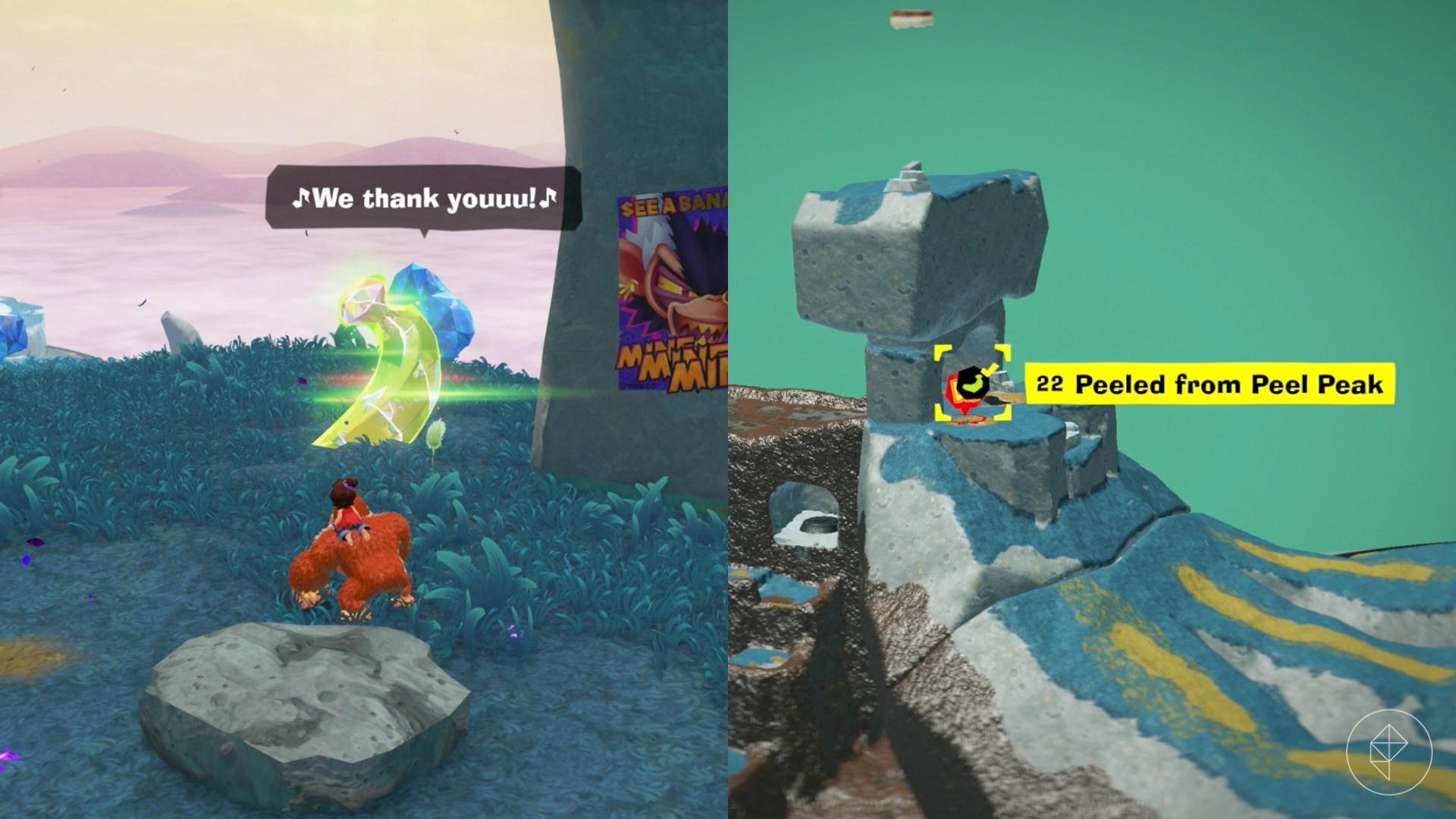 Donkey Kong stands in front of a banandium gem in a split image that also shows a map of a Hilltop Layer banana location in Donkey Kong Bananza Donkey Kong stands in front of a banandium gem in a split image that also shows a map of a Hilltop Layer banana location in Donkey Kong Bananza