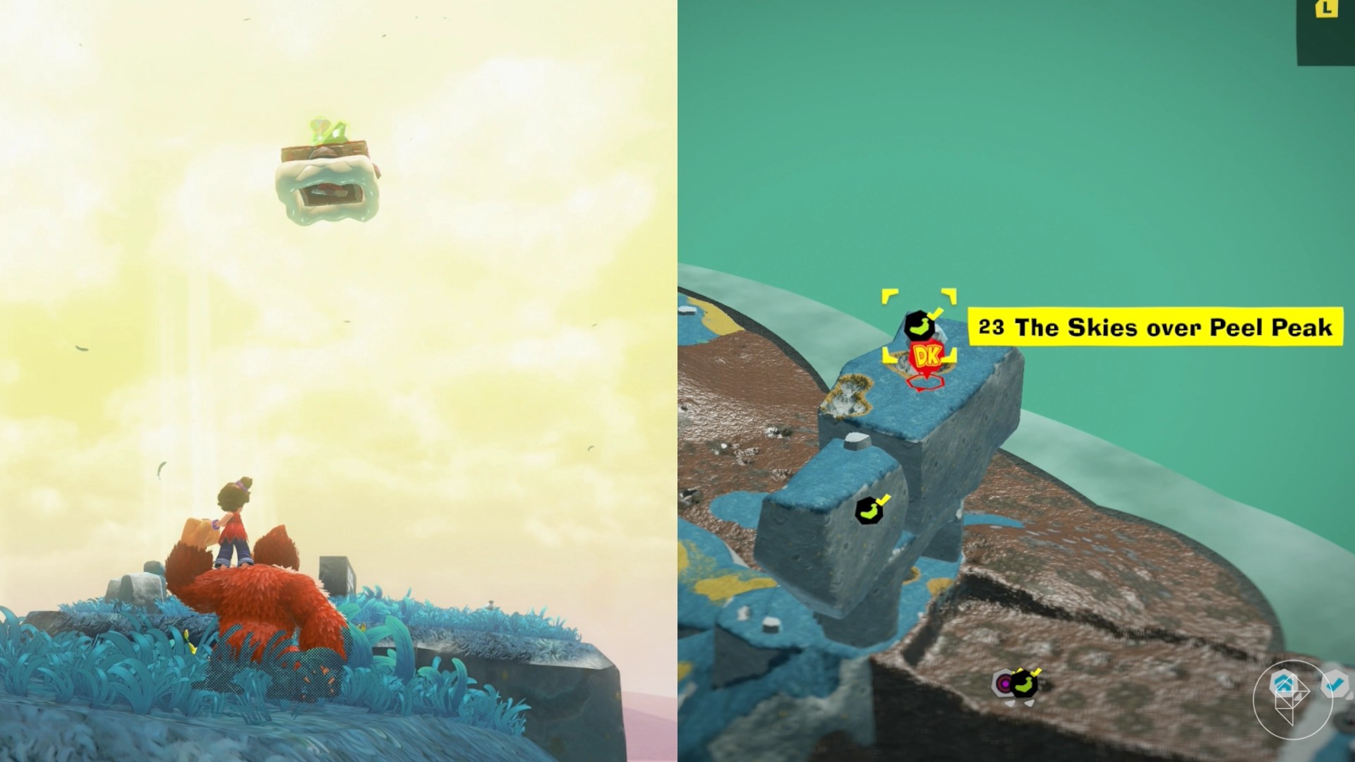 Donkey Kong stares at a platform floating in the sky in a split image that also shows a map of a Hilltop Layer banana location in Donkey Kong Bananza Donkey Kong stares at a platform floating in the sky in a split image that also shows a map of a Hilltop Layer banana location in Donkey Kong Bananza