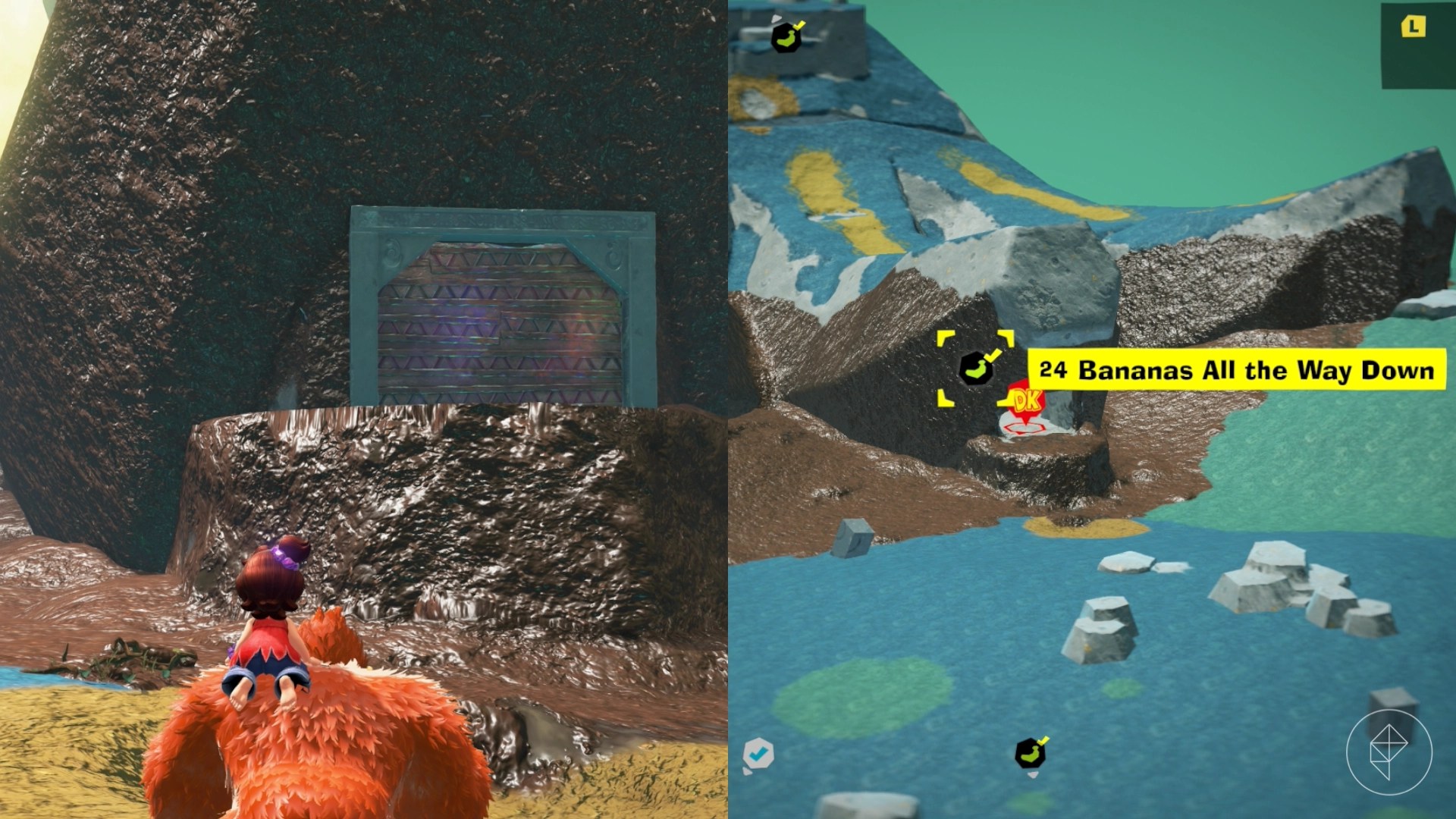 Donkey Kong looks at a door up a ledge on a cliff in a split image that also shows a map of a Hilltop Layer banana location in Donkey Kong Bananza Donkey Kong looks at a door up a ledge on a cliff in a split image that also shows a map of a Hilltop Layer banana location in Donkey Kong Bananza