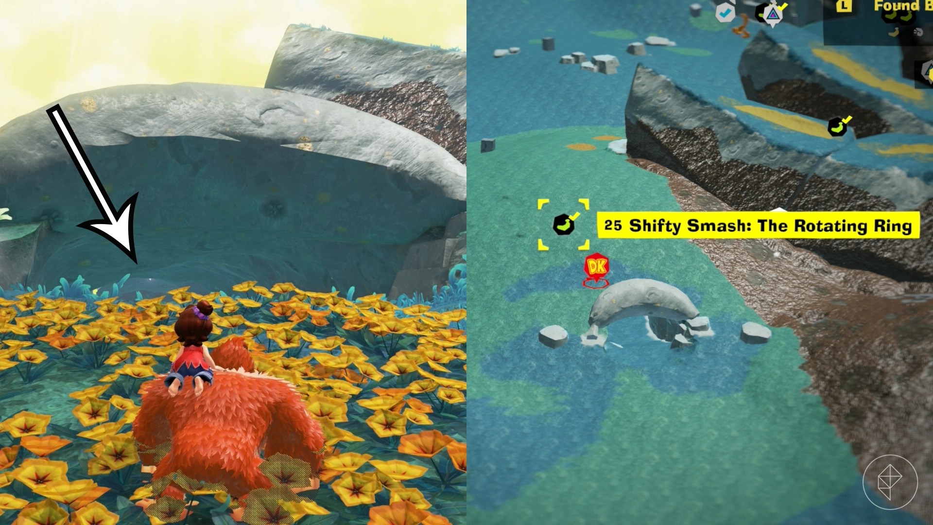 Donkey Kong looks at a giant stone ring in a split image that also shows a map of a Hilltop Layer banana location in Donkey Kong Bananza Donkey Kong looks at a giant stone ring in a split image that also shows a map of a Hilltop Layer banana location in Donkey Kong Bananza